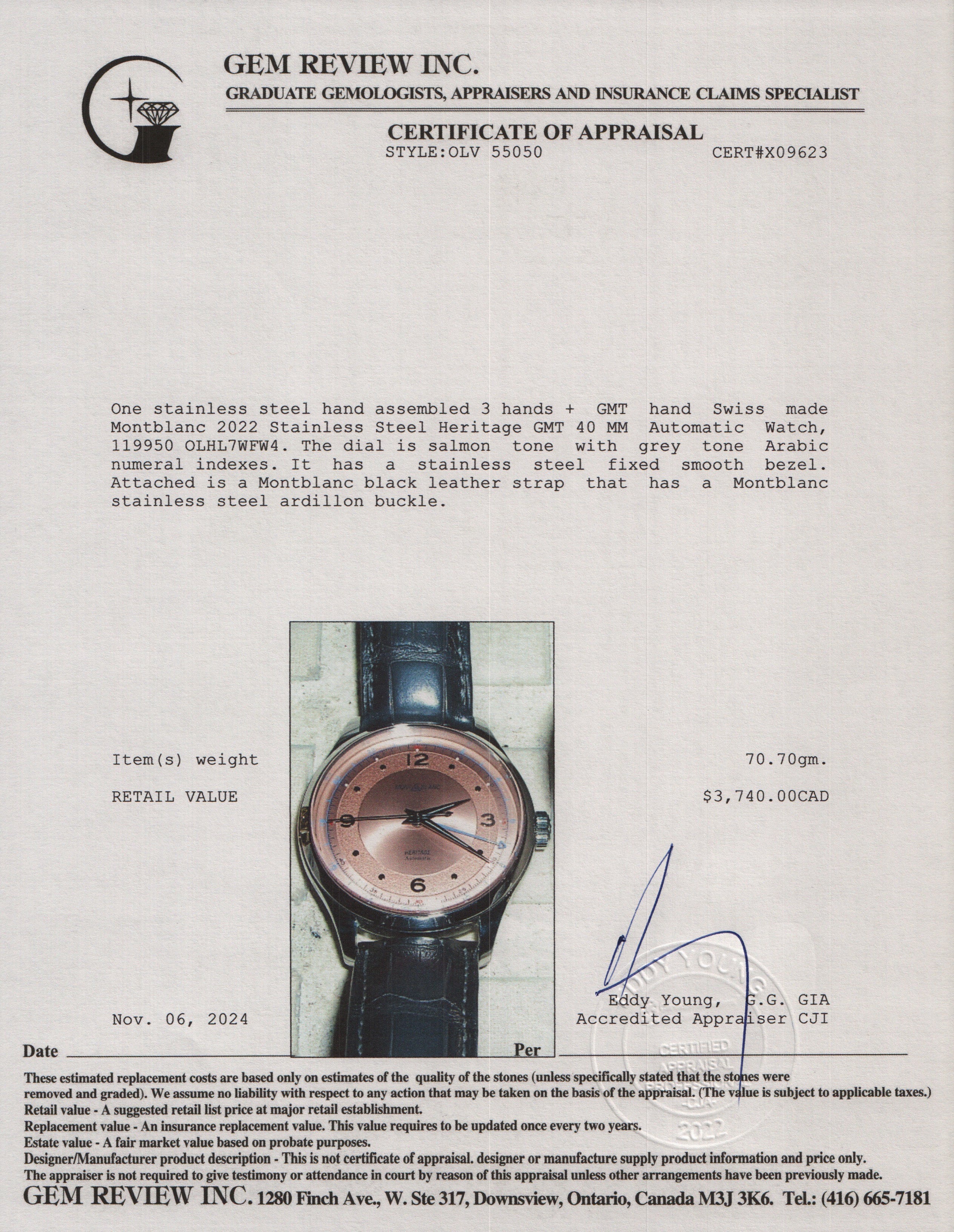 Montblanc 2022 Stainless Steel Heritage GMT 40 MM Automatic Watch, Salmon Dial w/ Box & Papers