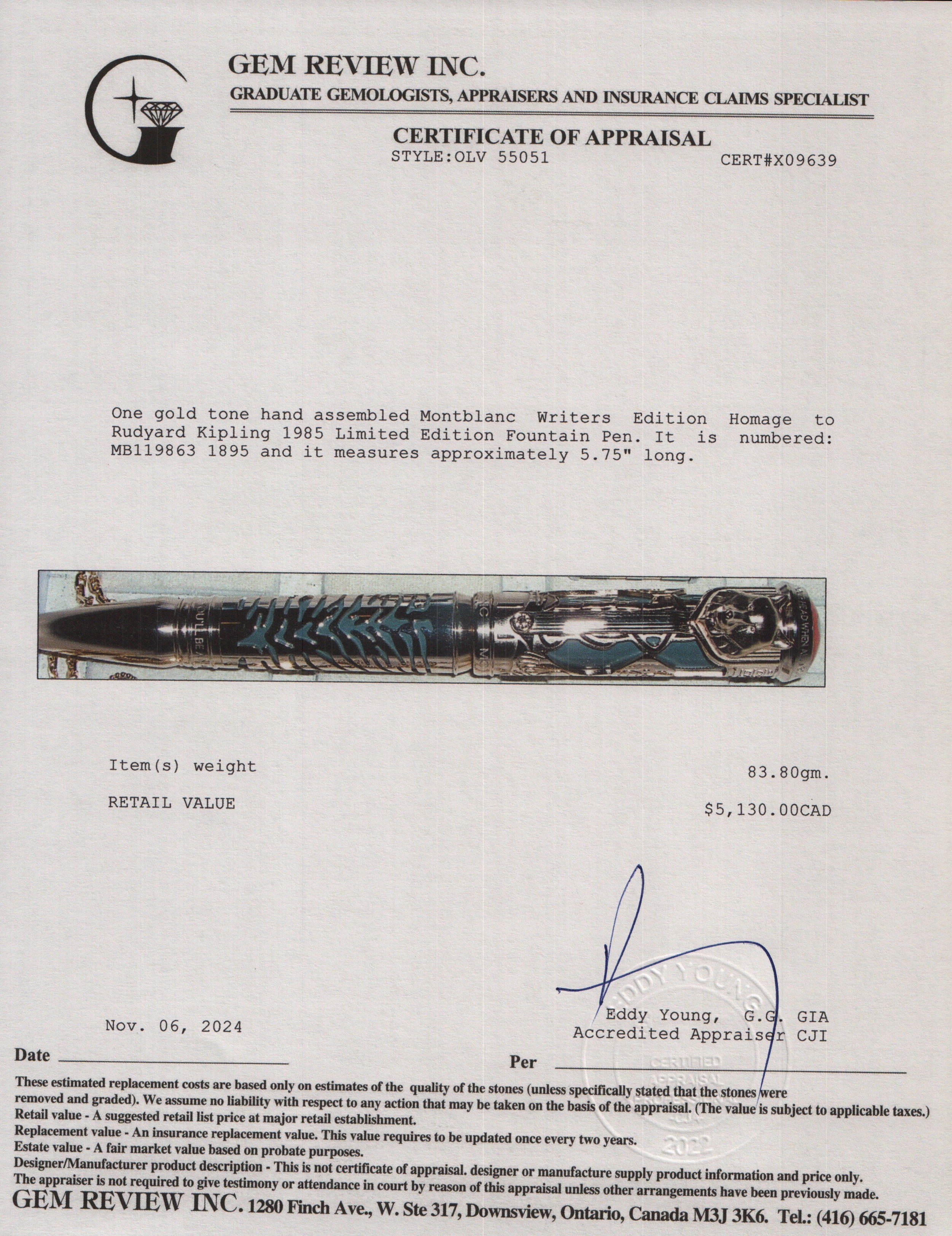 Montblanc Writers Edition Homage to Rudyard Kipling 1985 Limited Edition Fountain Pen w/ Box & Receipt