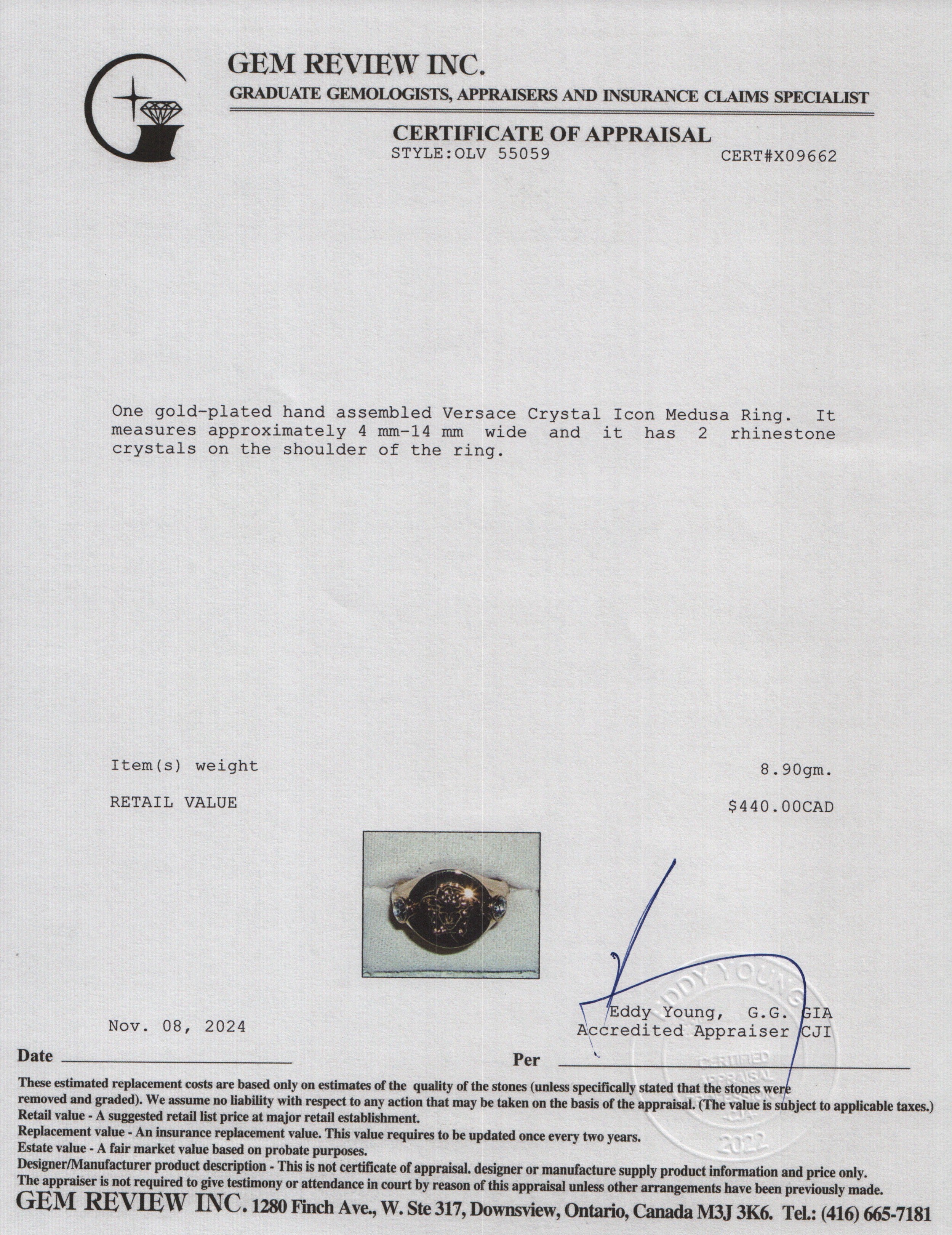 Versace Gold-Plated Crystal Icon Medusa Ring, Size 8 w/ Box