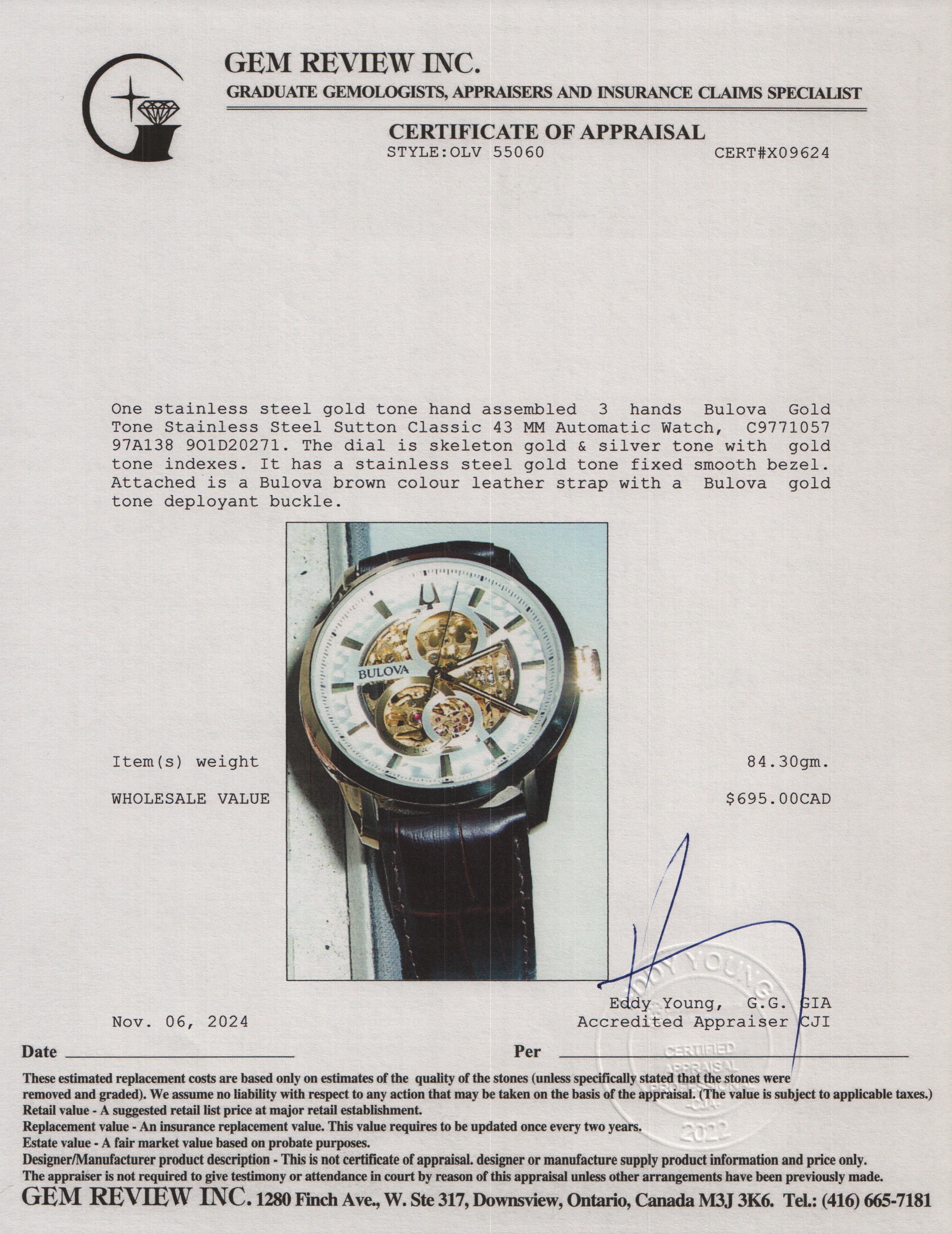 Bulova Gold Tone Stainless Steel Sutton Classic 43 MM Automatic Watch