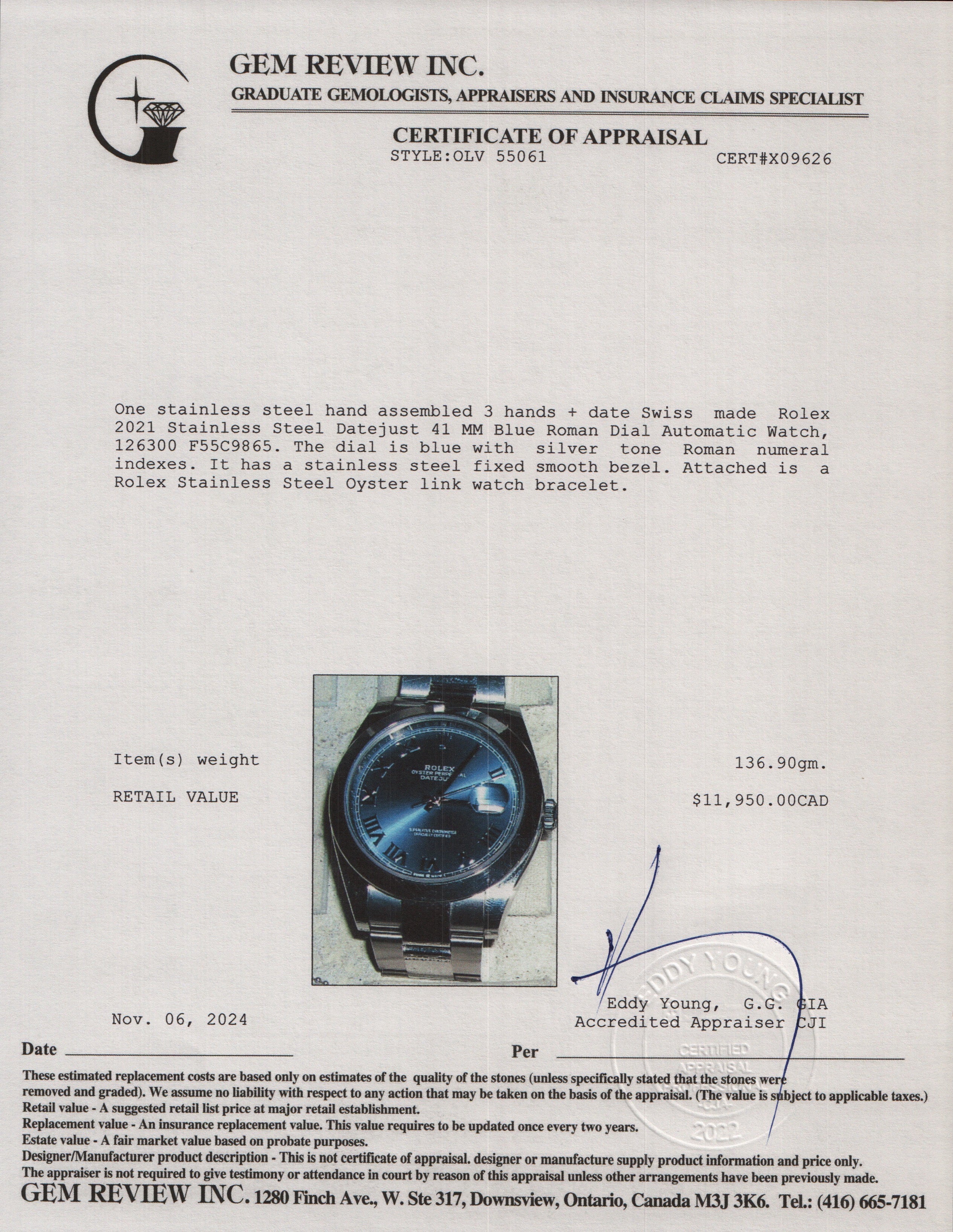 Rolex 2021 Stainless Steel Datejust 41 MM Blue Roman Dial Automatic Watch 126300 w/ Box & Papers