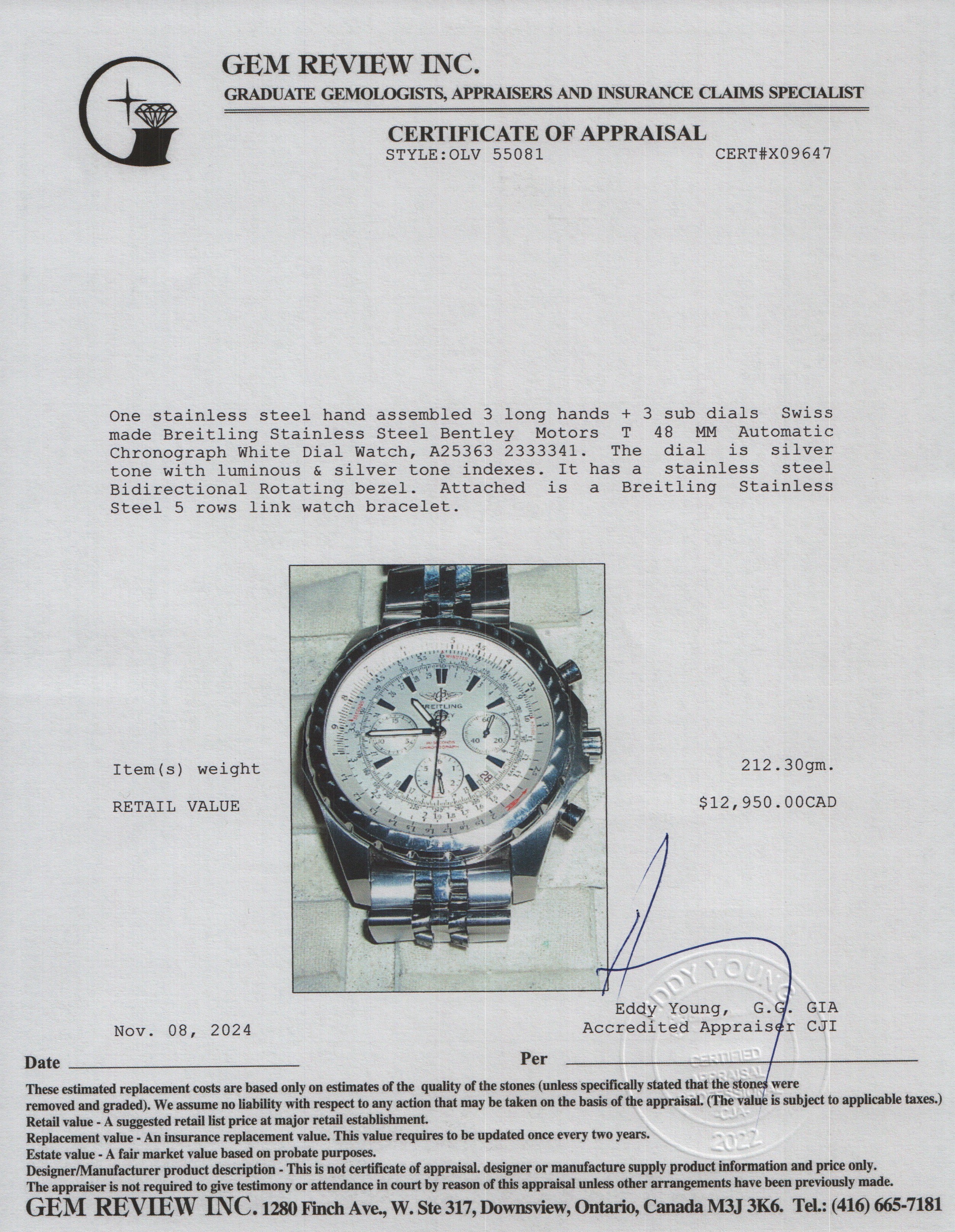 Breitling Stainless Steel Bentley Motors T 48 MM Automatic Chronograph White Dial Watch A25363