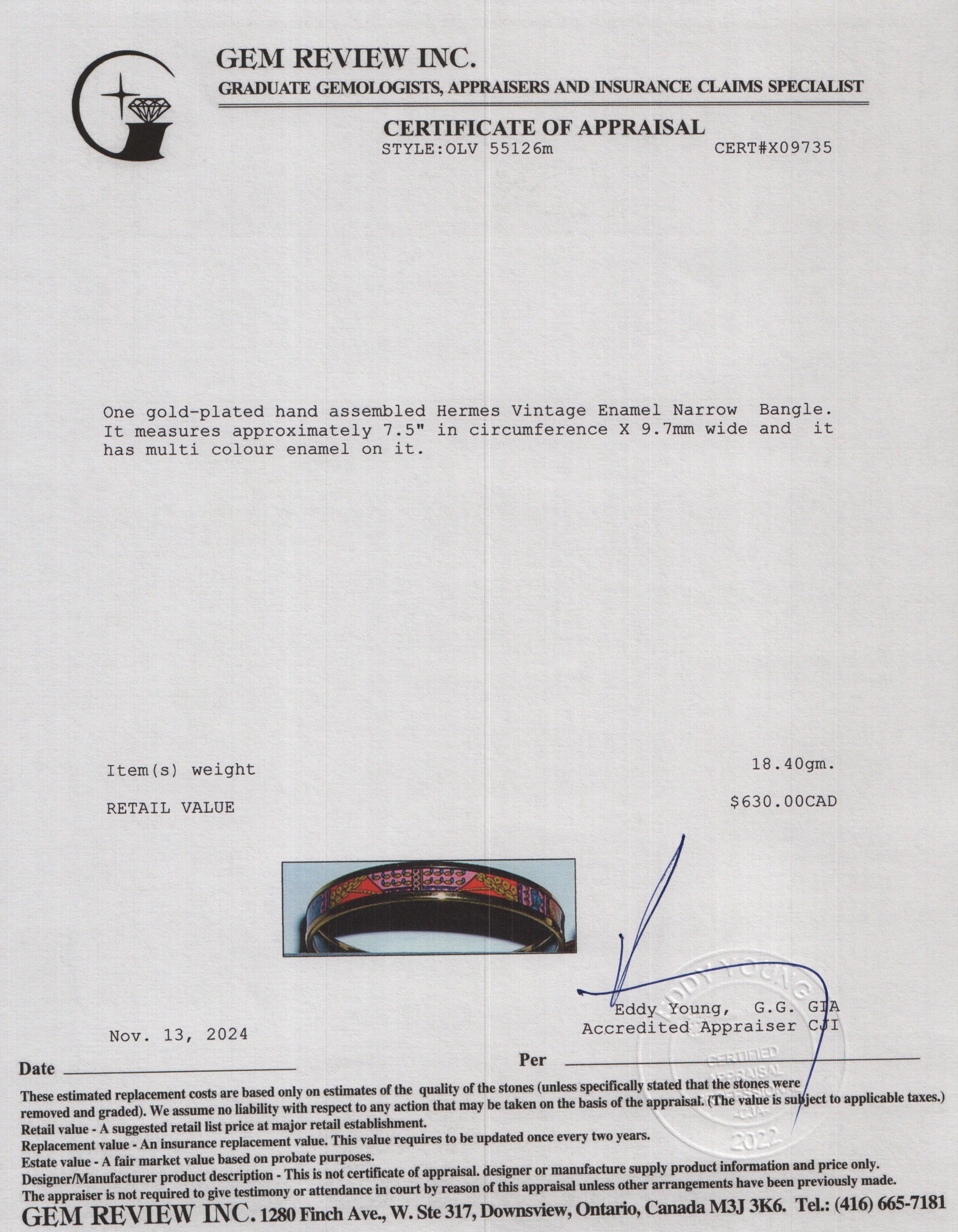 Hermes Vintage Gold-Plated Enamel Narrow Bangle