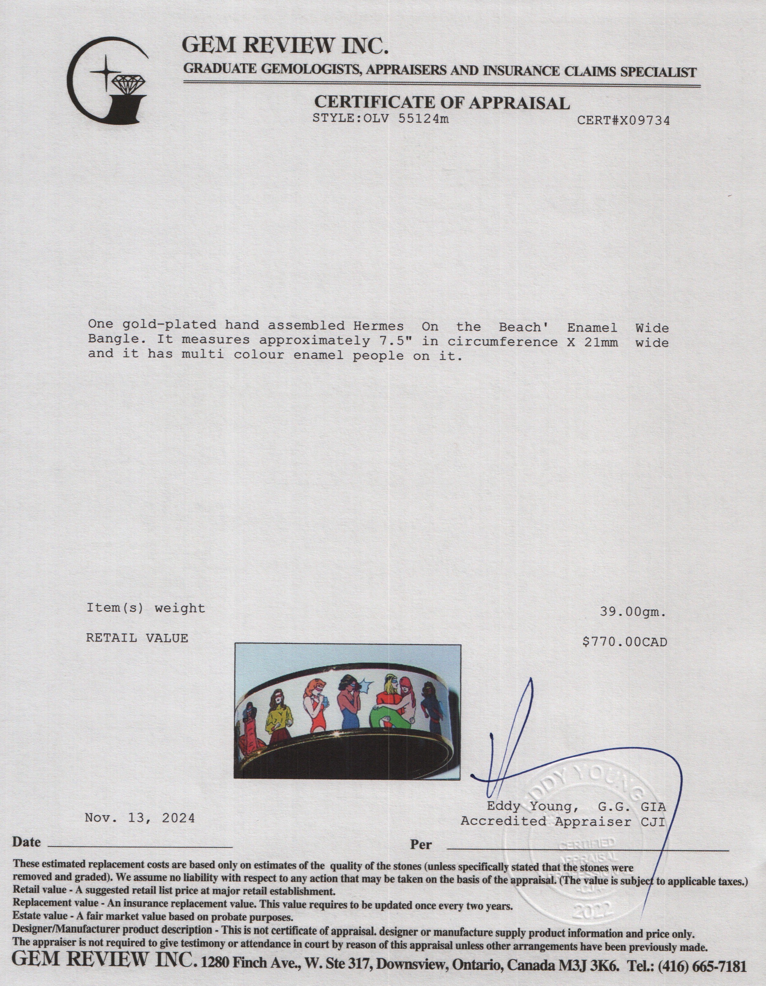 Hermes Gold-Plated 'Hermes On the Beach' Enamel Wide Bangle