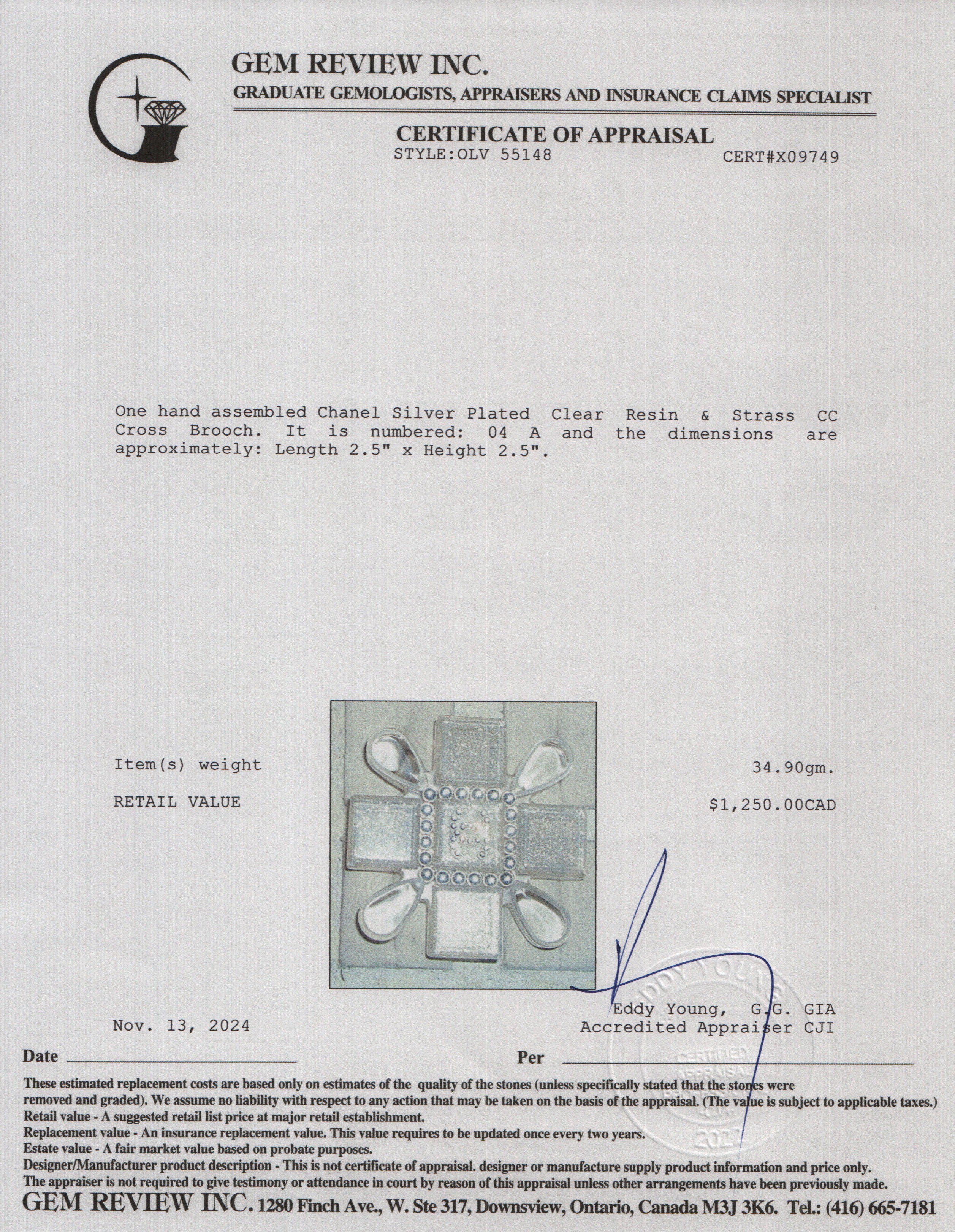 Chanel Silver Plated Clear Resin & Strass CC Cross Brooch