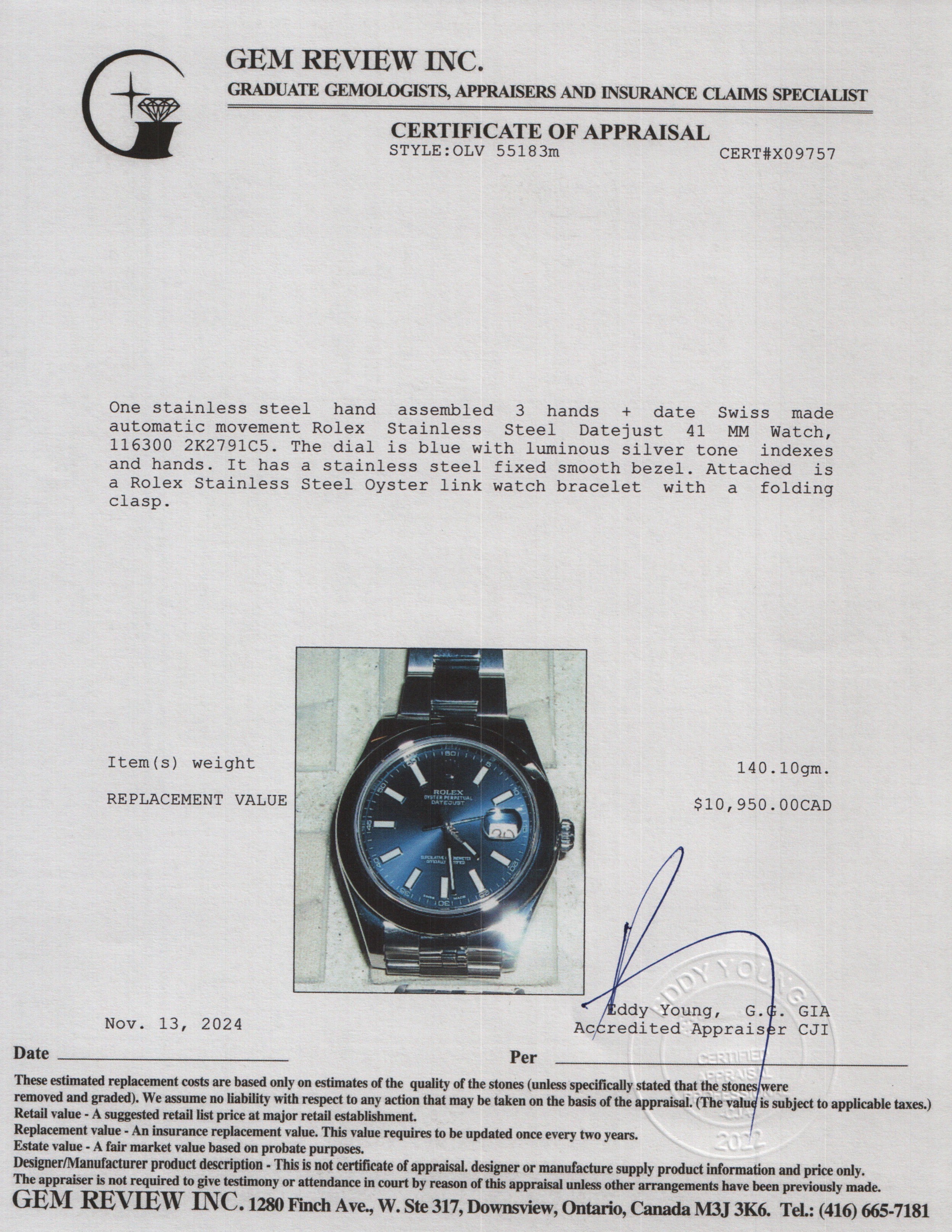 Rolex Stainless Steel Datejust 41 MM Watch Blue Dial 116300 w/ Box & Papers