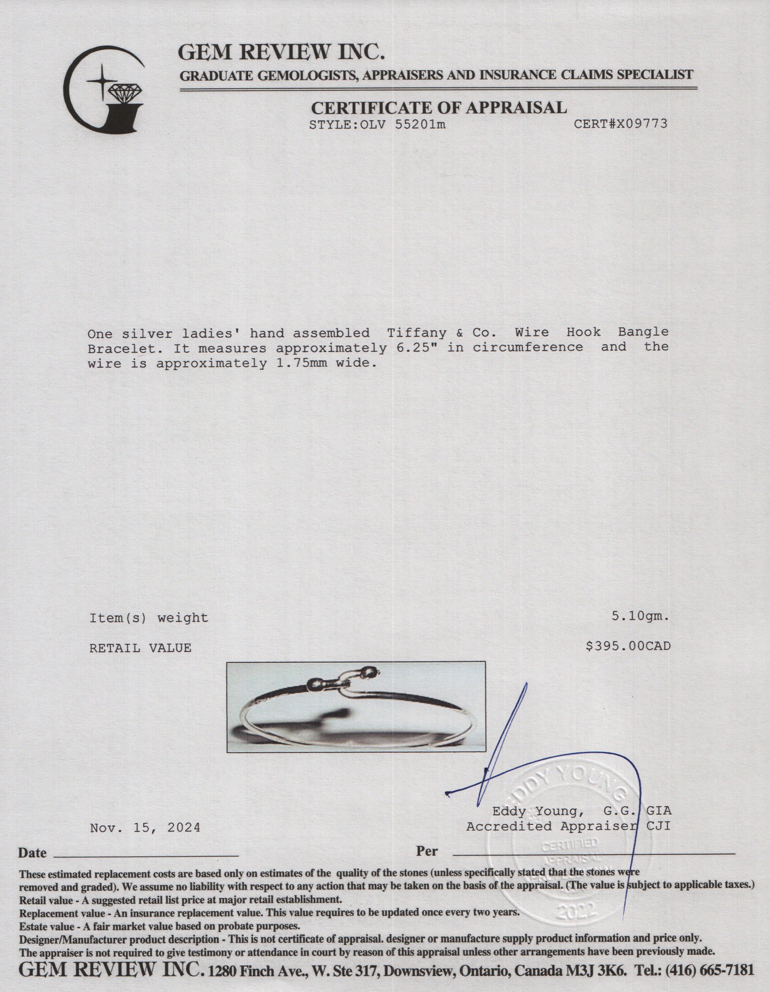 Tiffany & Co. Sterling Silver Wire Hook Bangle Bracelet