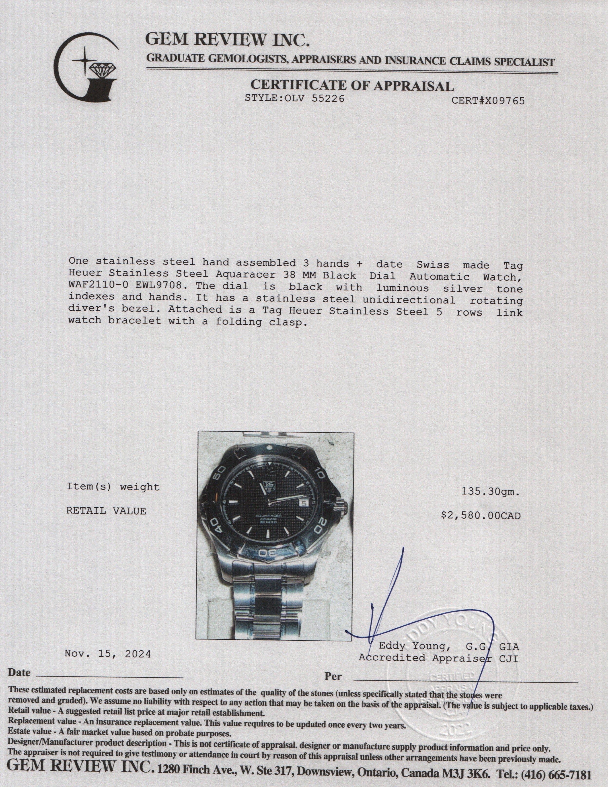 Tag Heuer Stainless Steel Aquaracer 38 MM Black Dial Automatic Watch WAF2110-0