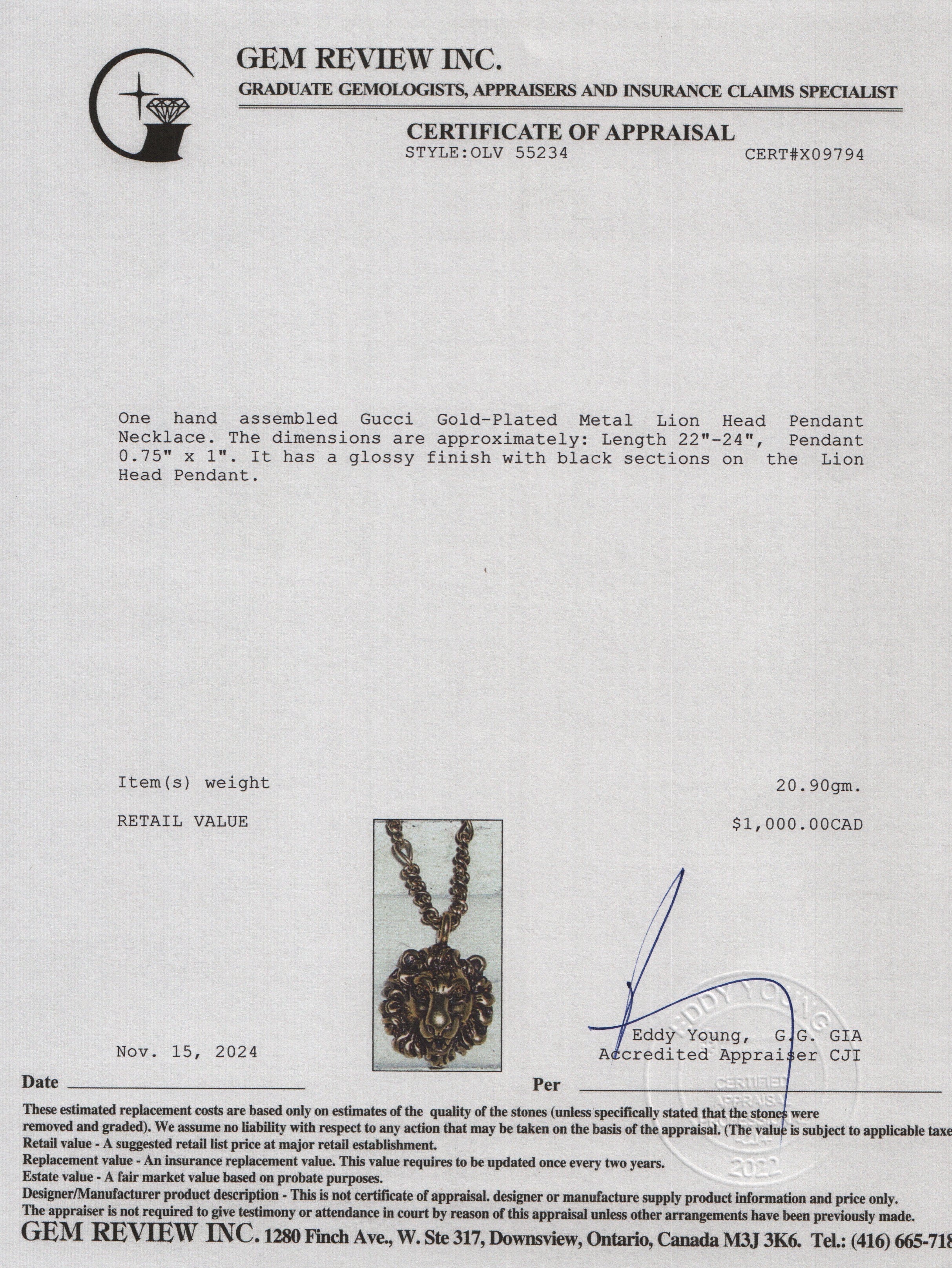 Gucci Gold-Plated Metal Lion Head Pendant Necklace