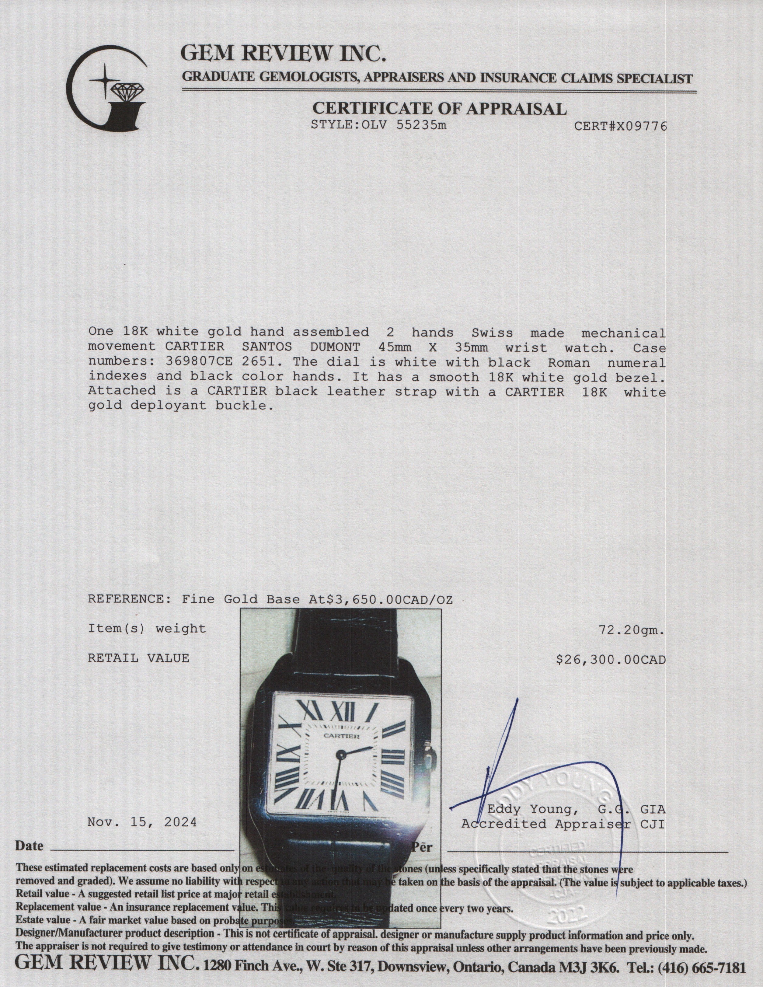 Cartier 18k White Gold Santos Dumont Watch 2651