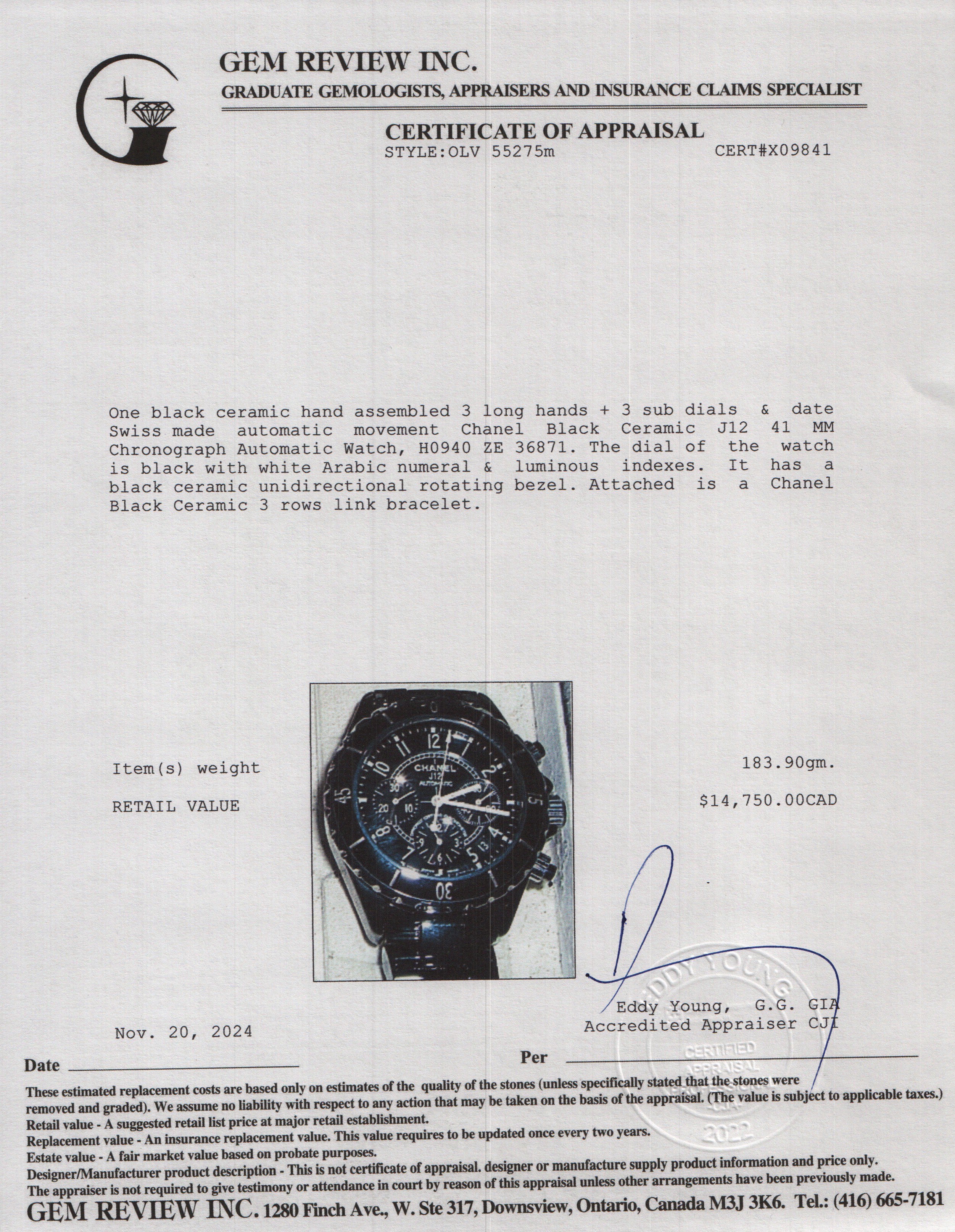 Chanel Black Ceramic J12 41 MM Chronograph Automatic Watch H0940