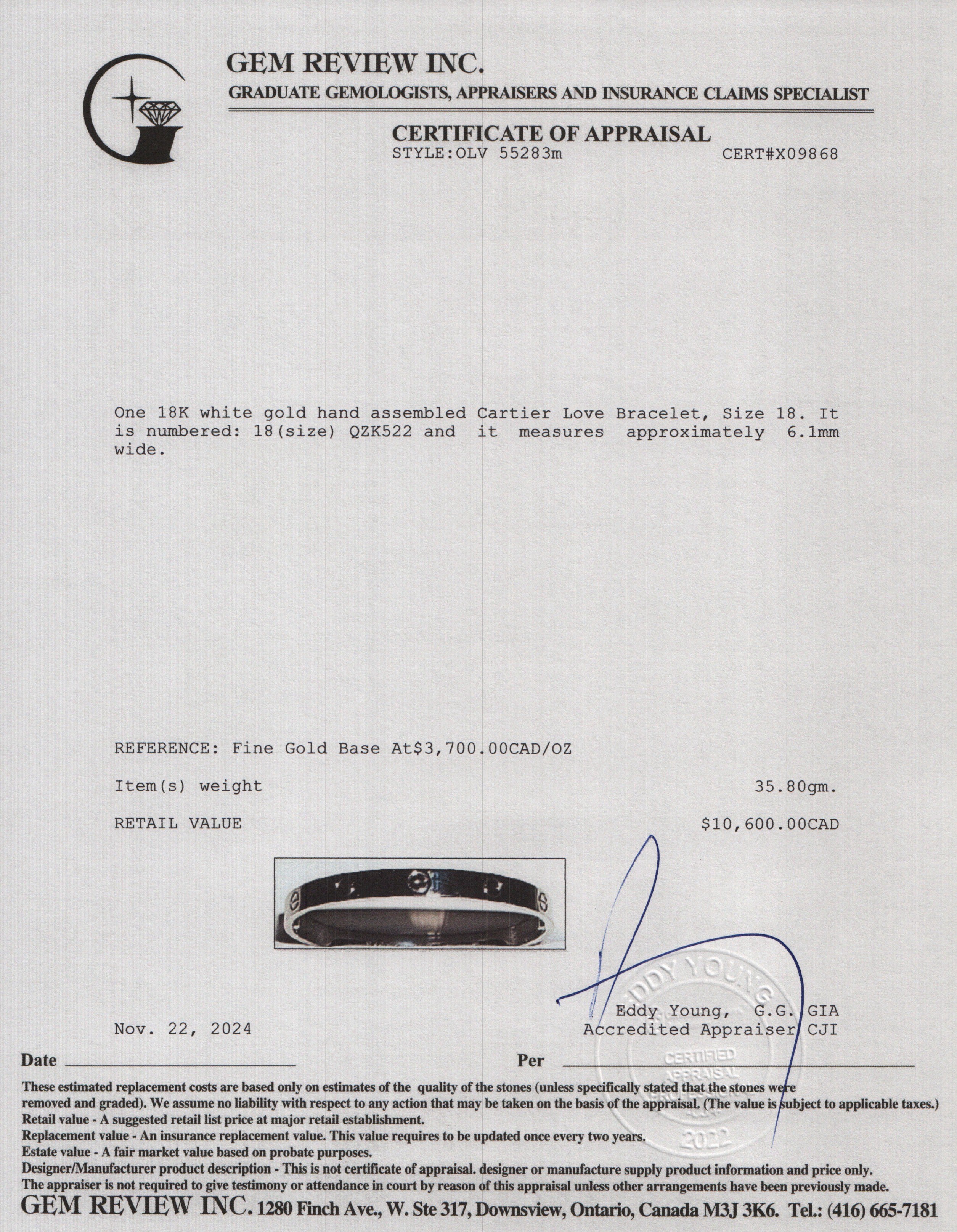 Cartier 18k White Gold Love Bracelet, Size 18 w/ Box, Receipt & Certificate