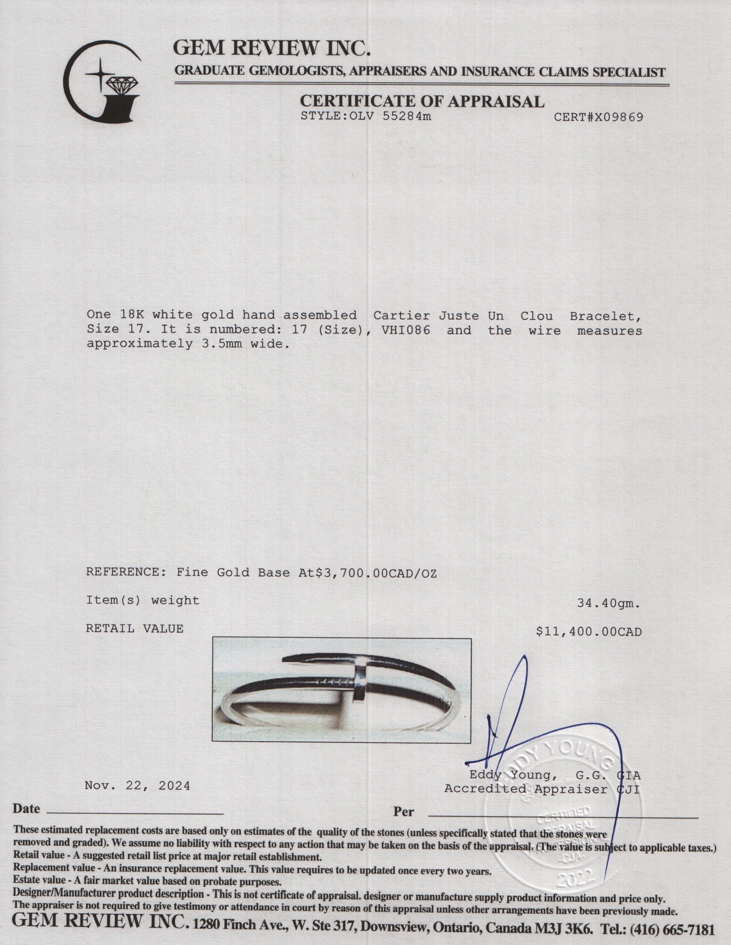 Cartier 2024 18k White Gold Juste Un Clou Bracelet, Size 17 w/ Box, Certificate & Receipt