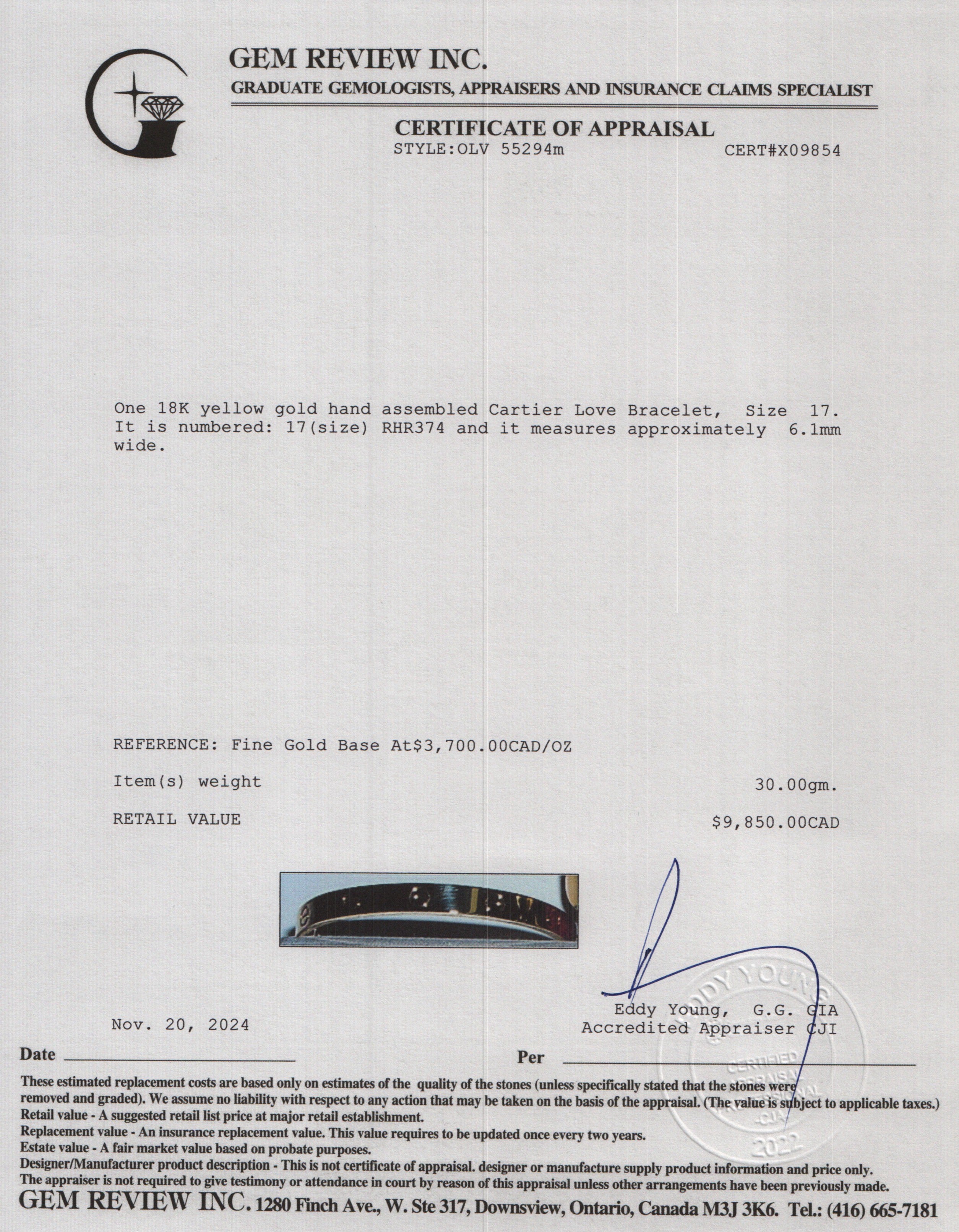 Cartier 18k Yellow Gold Love Bracelet, Size 17 w/ Box, Receipt & Certificate