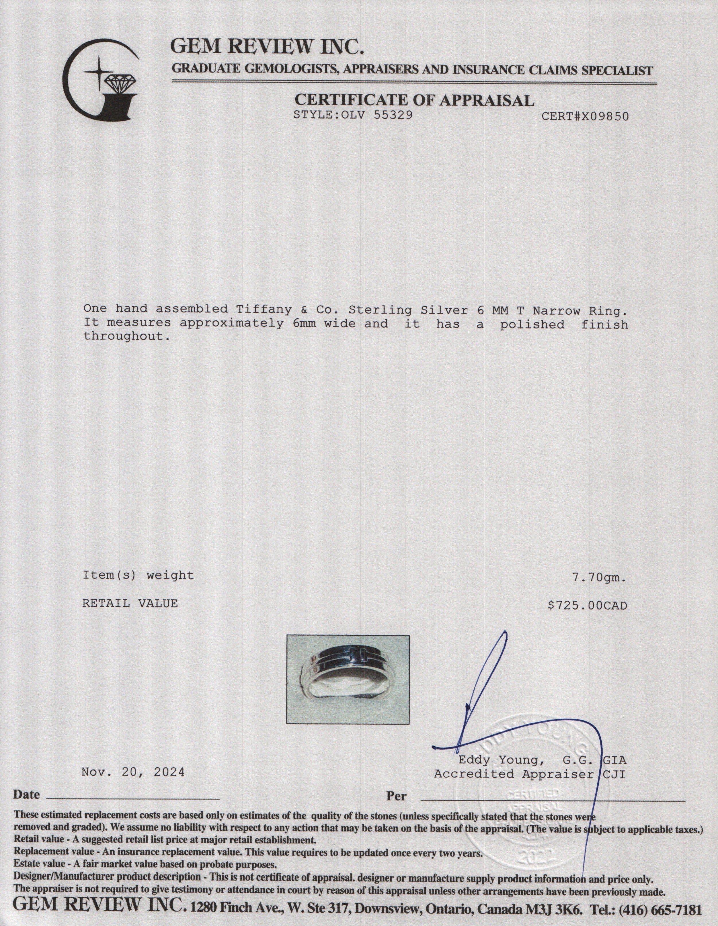 Tiffany & Co. Sterling Silver 6 MM T Narrow Ring, Size 9.25