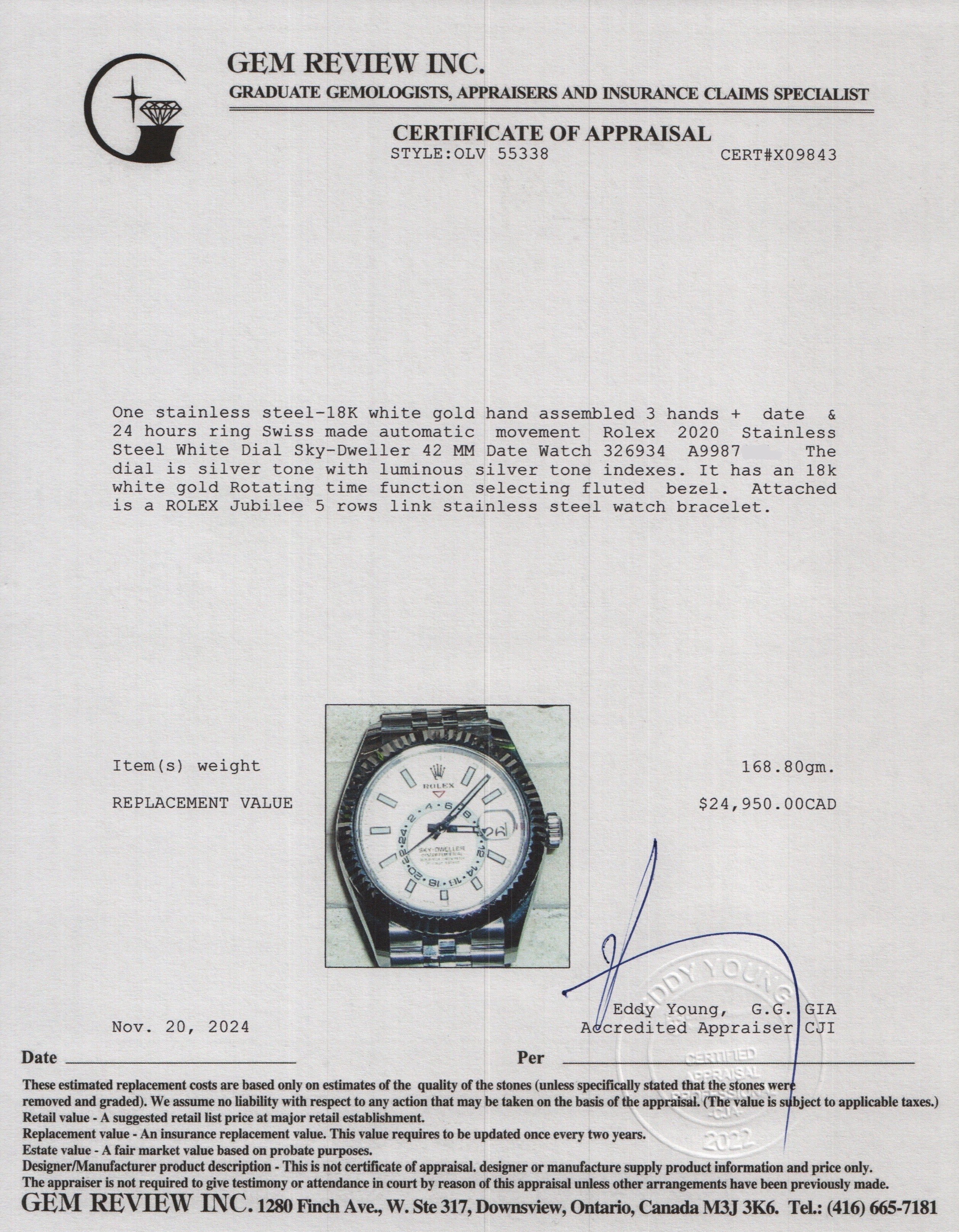 Rolex 2020 Stainless Steel White Dial Sky-Dweller 42 MM Date Watch 326934 w/ Box & Papers
