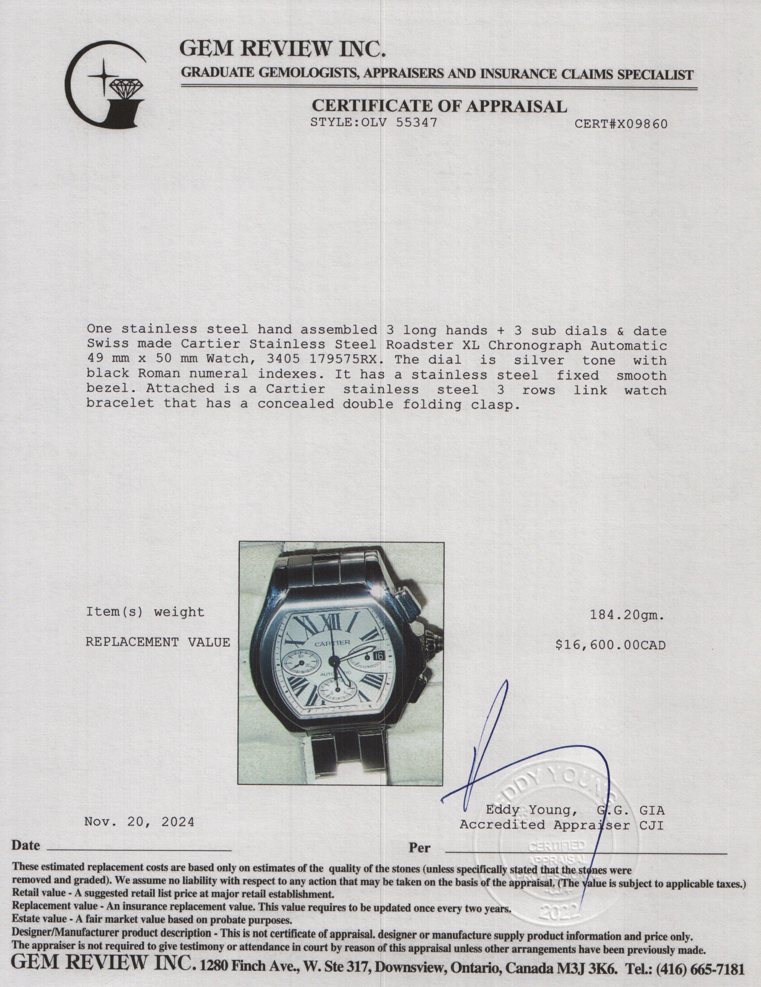 Cartier Stainless Steel Roadster XL Chronograph Automatic Watch 3405 w/ Box & Papers