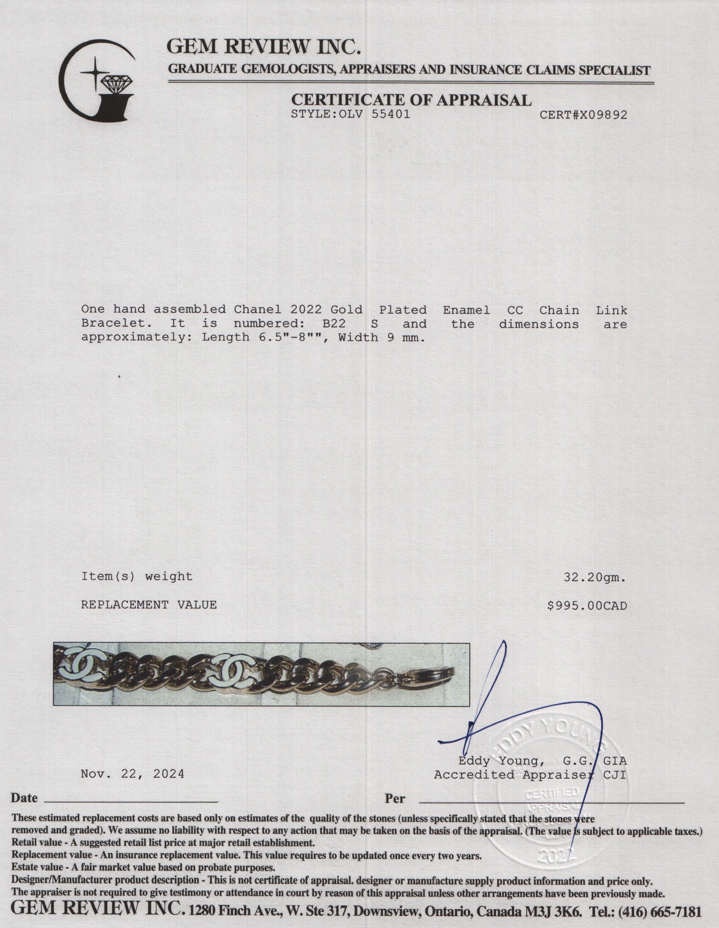 Chanel 2022 Gold Plated Enamel CC Chain Link Bracelet