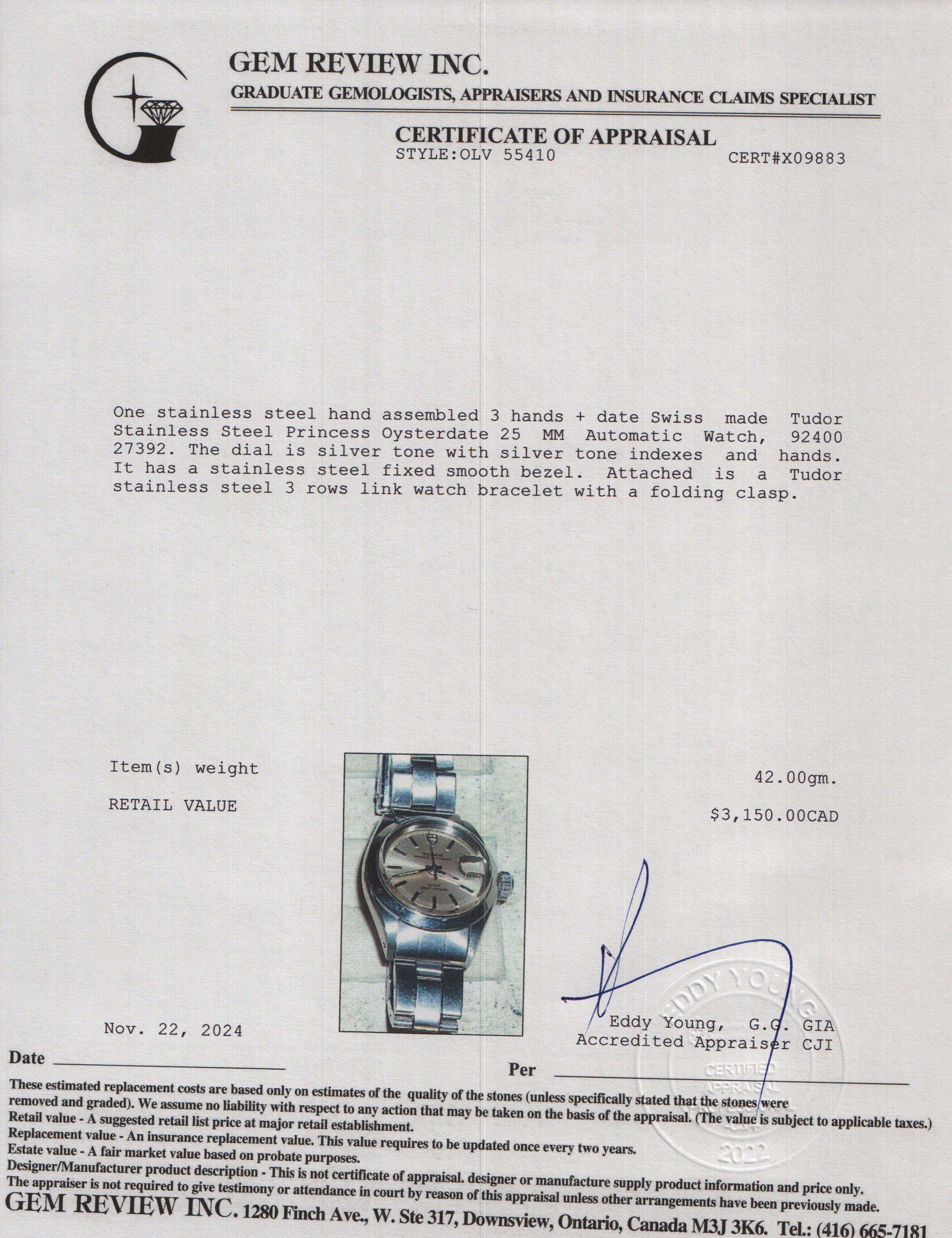 Tudor Stainless Steel Princess Oysterdate 25 MM Automatic Watch 92400