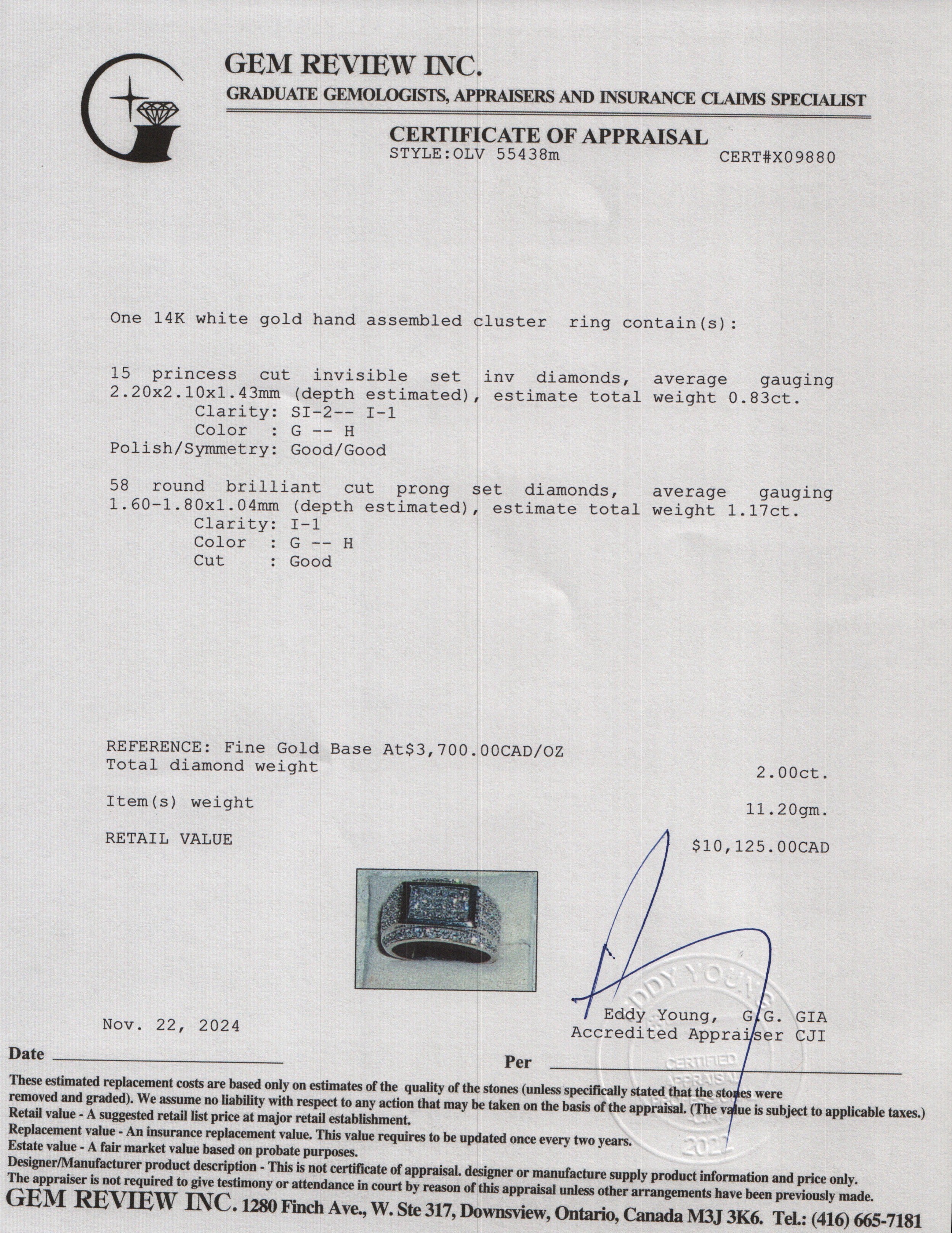 14k White Gold Diamond Cluster Ring, Size 9