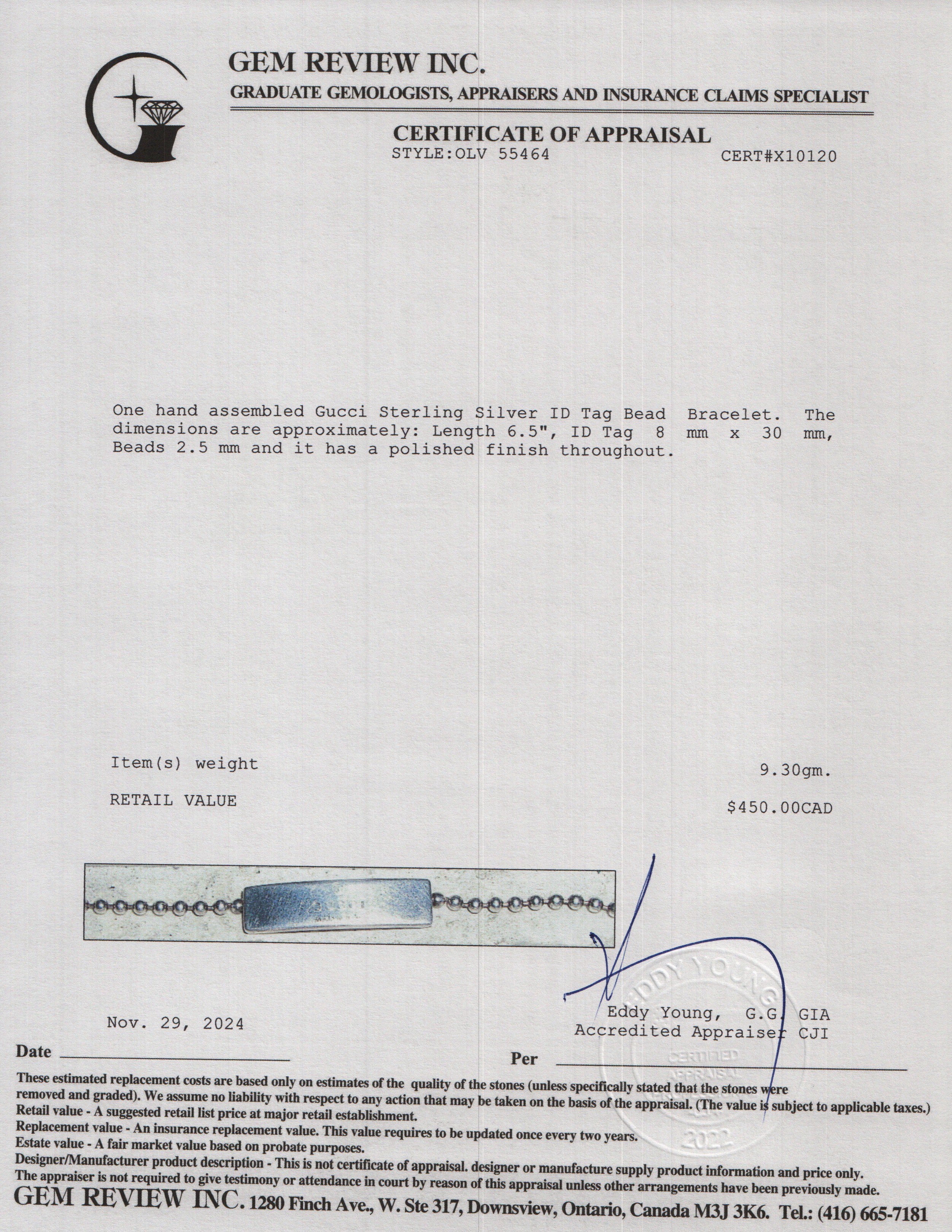 Gucci Sterling Silver ID Tag Bead Bracelet