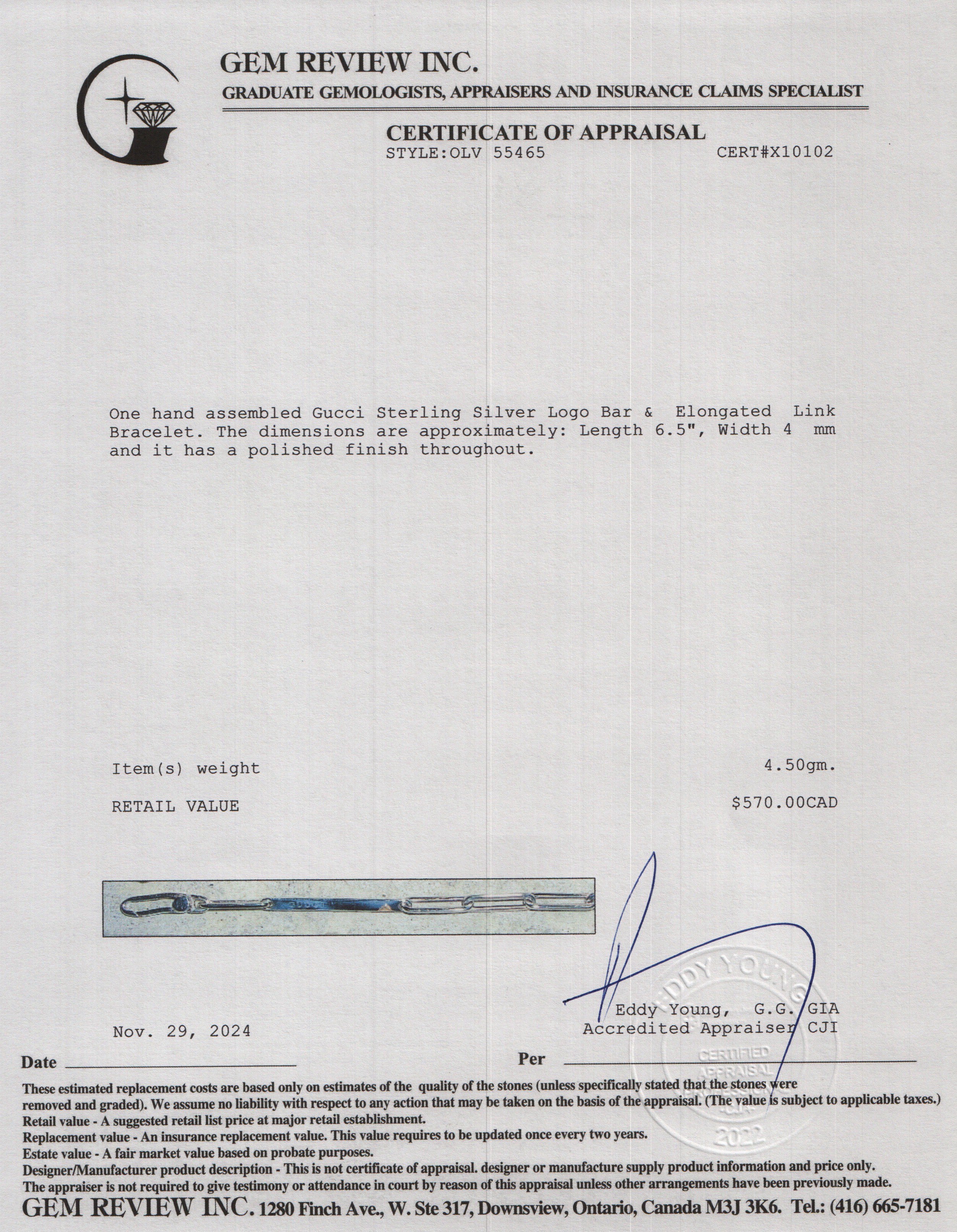 Gucci Sterling Silver Logo Bar & Elongated Link Bracelet