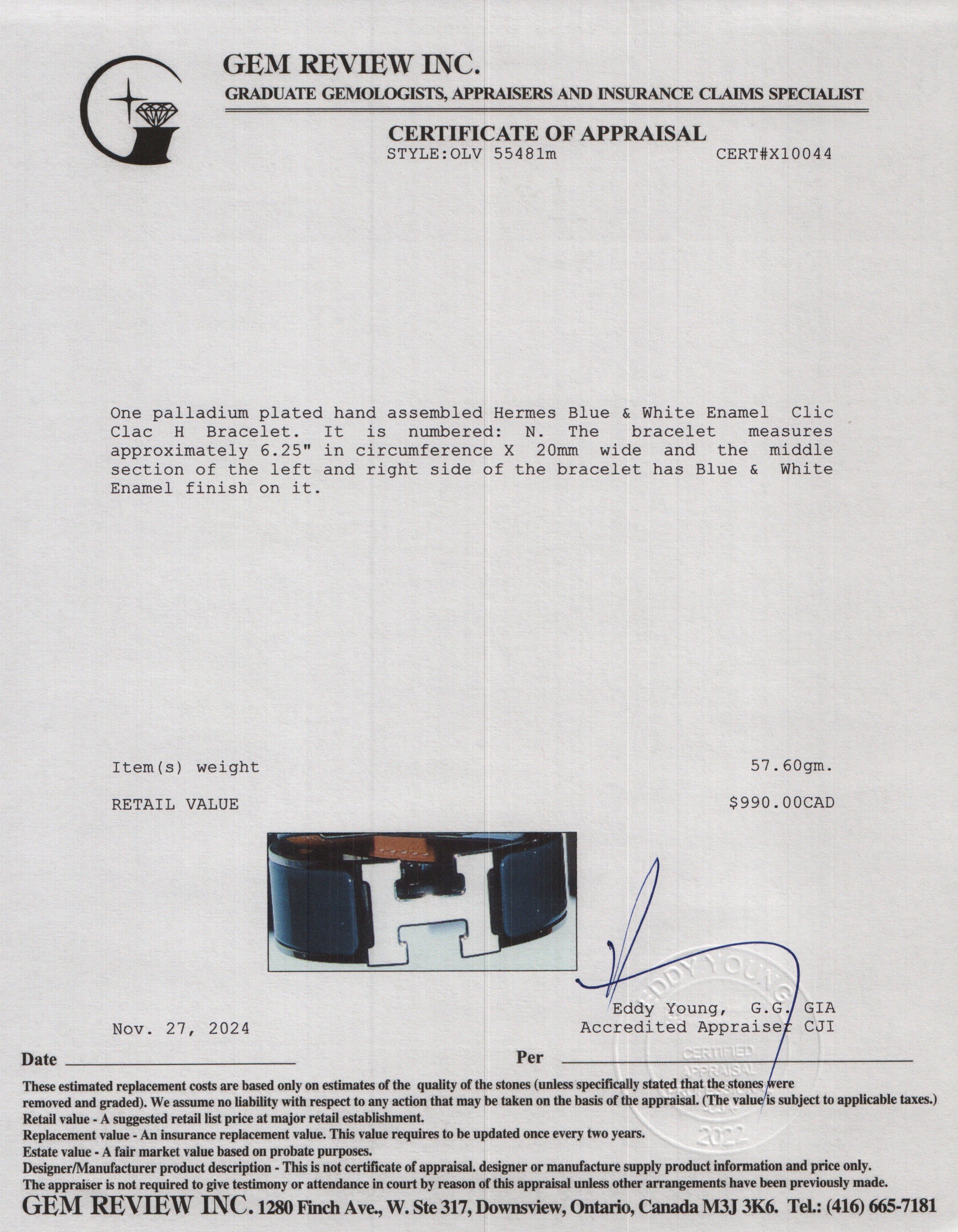 Hermes Palladium-Plated Blue & White Enamel Clic Clac H Bracelet