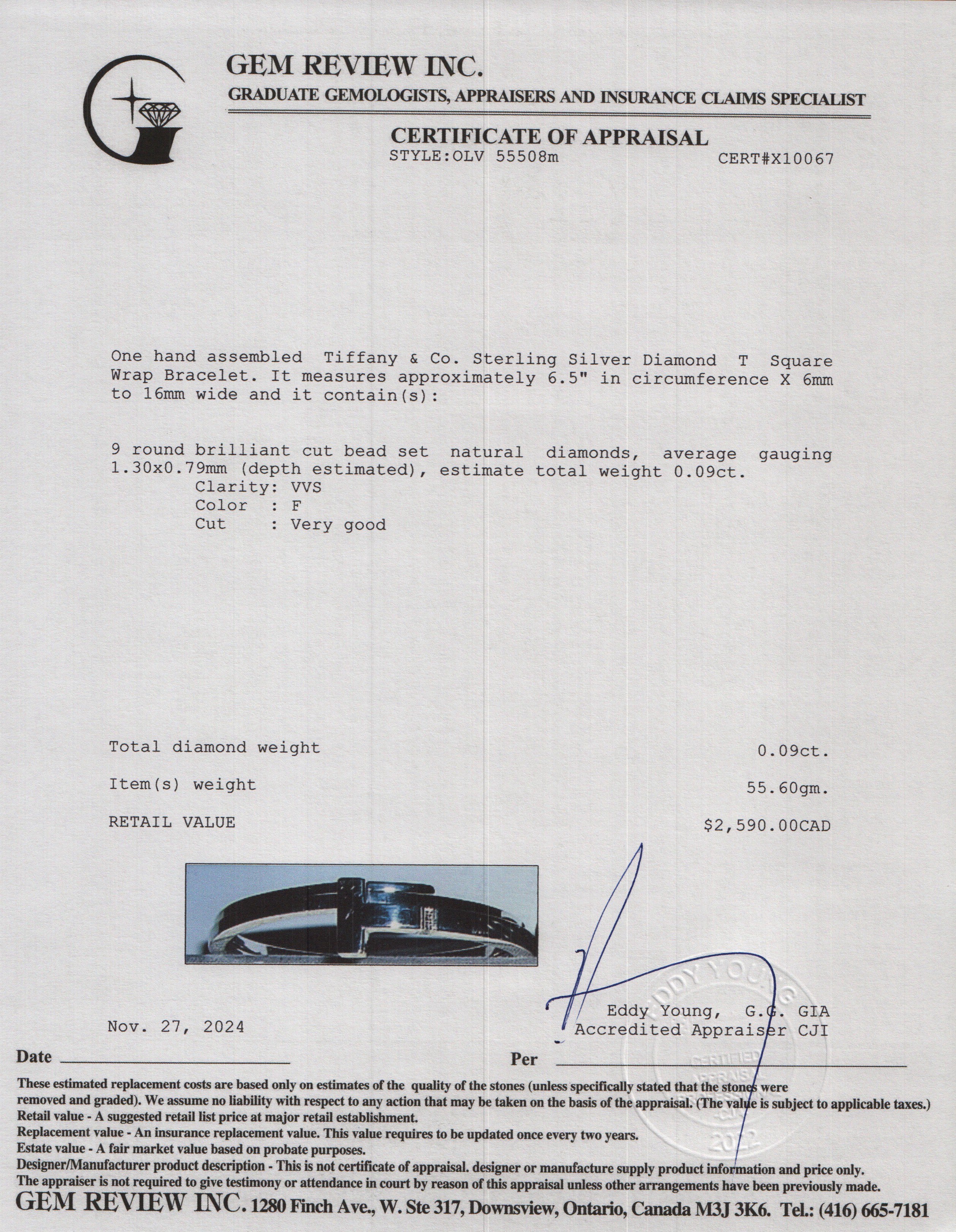 Tiffany & Co. Sterling Silver Diamond T Square Wrap Bracelet w/ Box