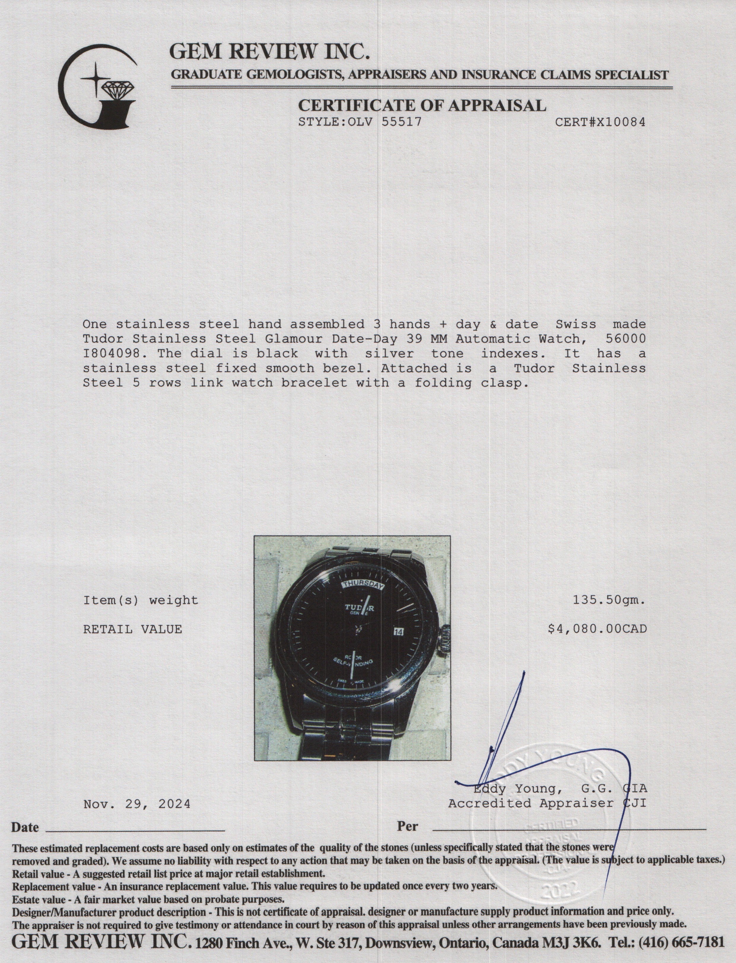 Tudor Stainless Steel Glamour Date-Day 39 MM Automatic Watch 56000 w/ Box & Papers