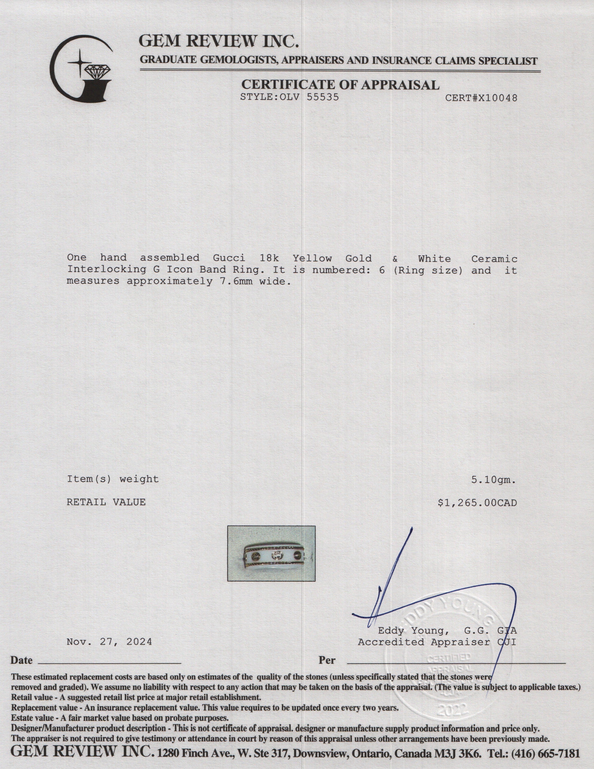 Gucci 18k Yellow Gold & White Ceramic Interlocking G Icon Band Ring, Size 6 w/ Box