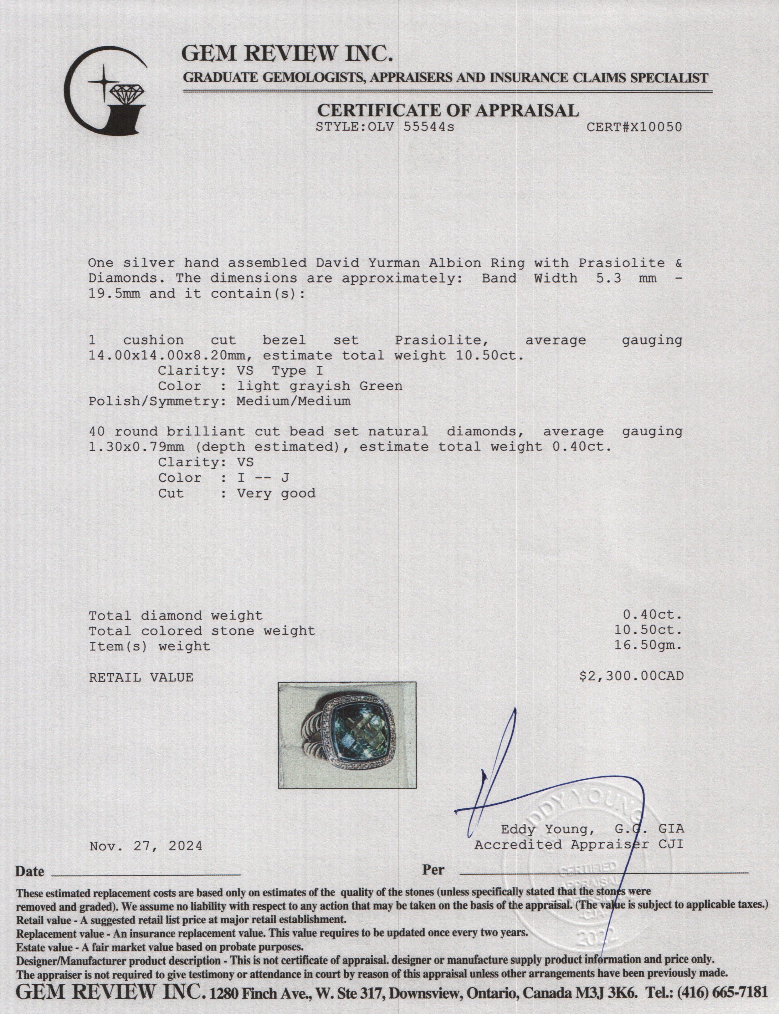 David Yurman Sterling Silver Albion Ring with Prasiolite & Diamonds, 14 MM Size 6.75