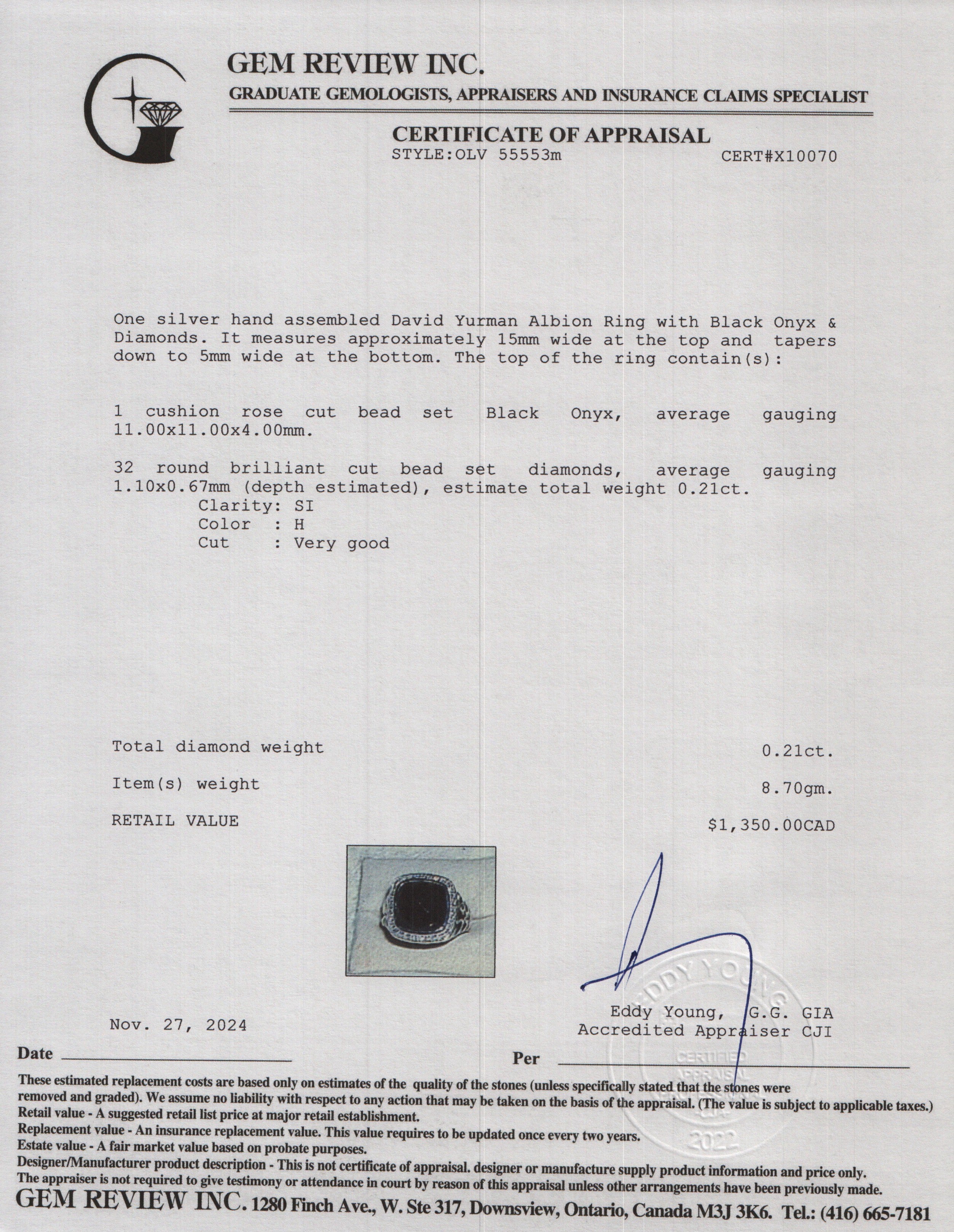 David Yurman Sterling Silver Albion Ring with Black Onyx & Diamonds, 11 MM Size 6.75