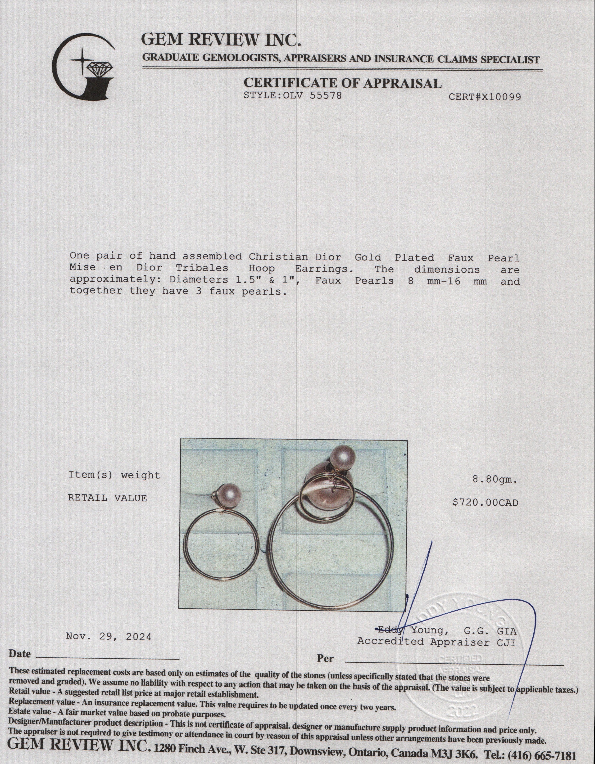 Christian Dior Gold Plated Faux Pearl Mise en Dior Tribales Hoop Earrings w/ Box