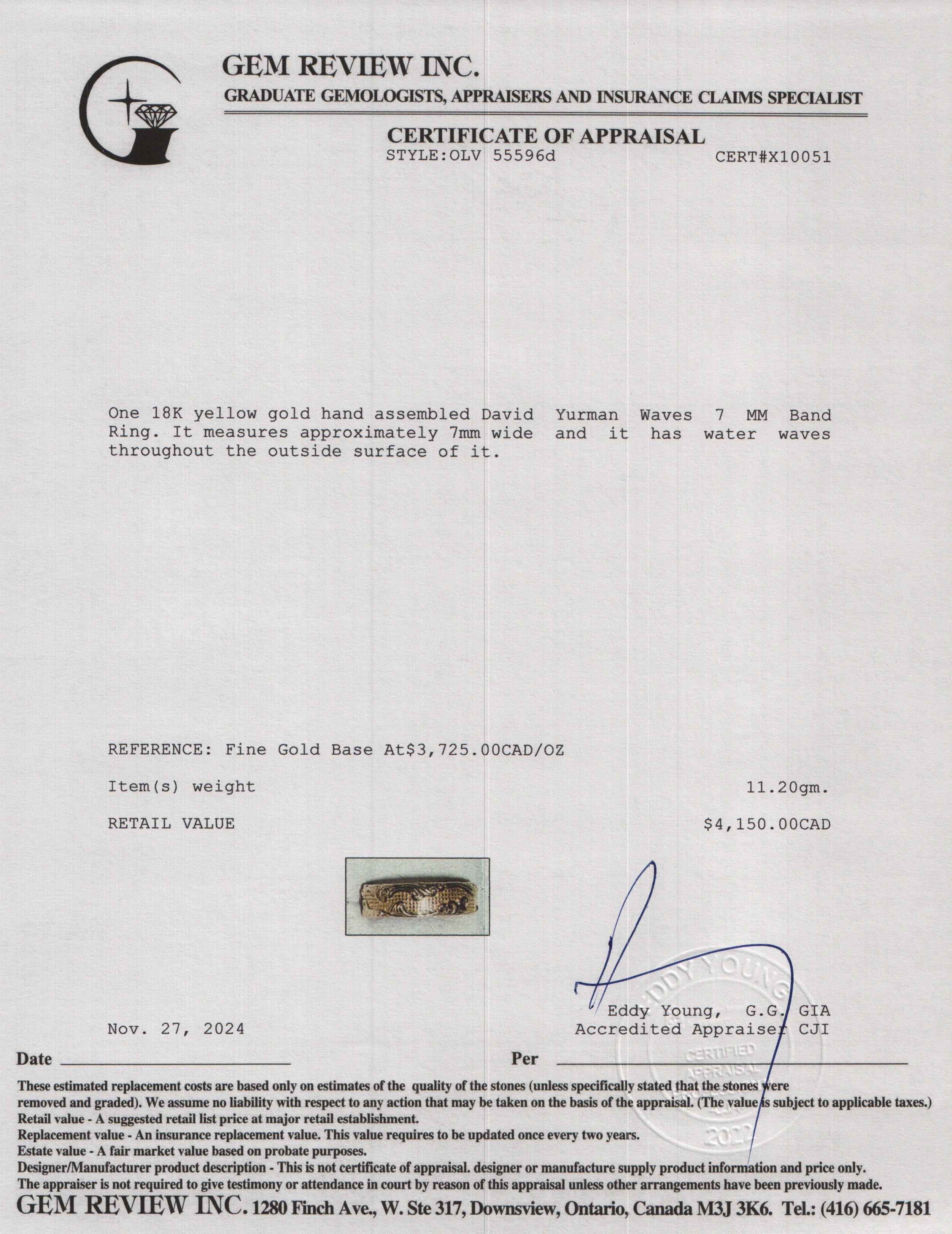 David Yurman 18k Yellow Gold Waves 7 MM Band Ring, Size 11