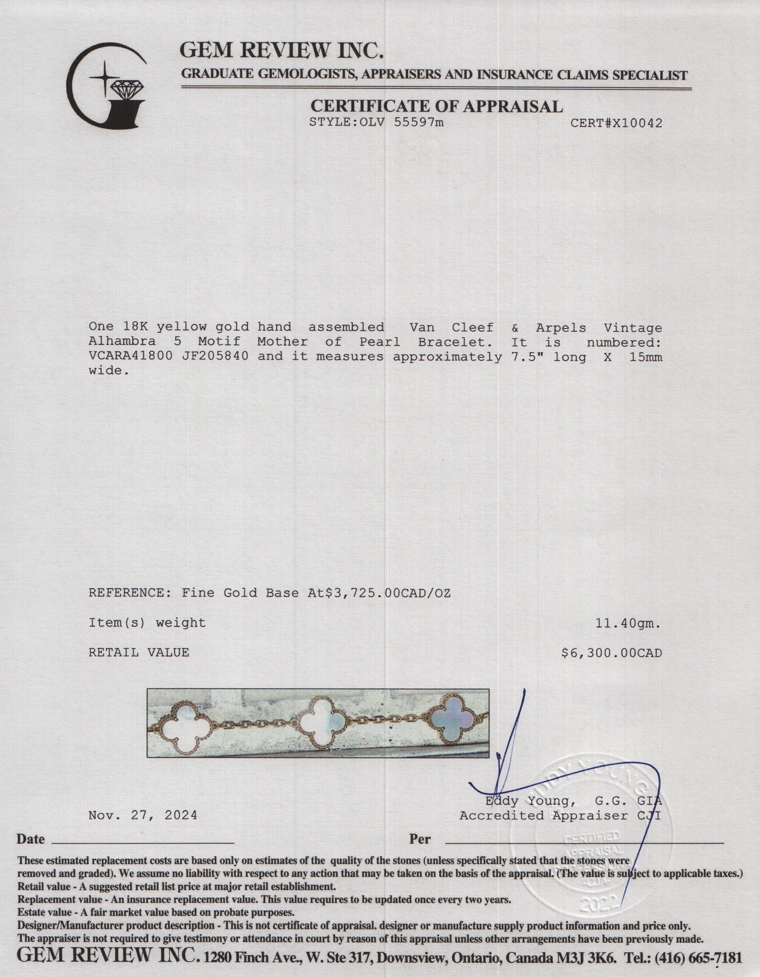 Van Cleef & Arpels 18k Yellow Gold Vintage Alhambra 5 Motif Mother of Pearl Bracelet w/ Box, Receipt & Certificate