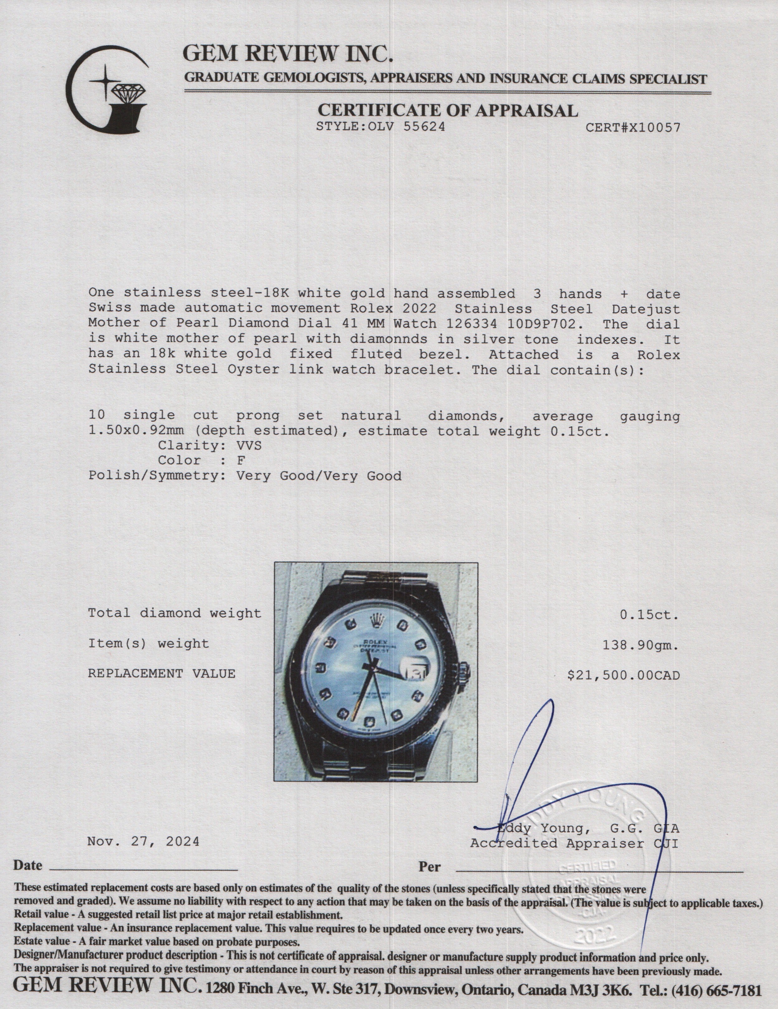 Rolex 2022 Stainless Steel Datejust Mother of Pearl Diamond Dial 41 MM Watch 126334 w/ Box & Papers