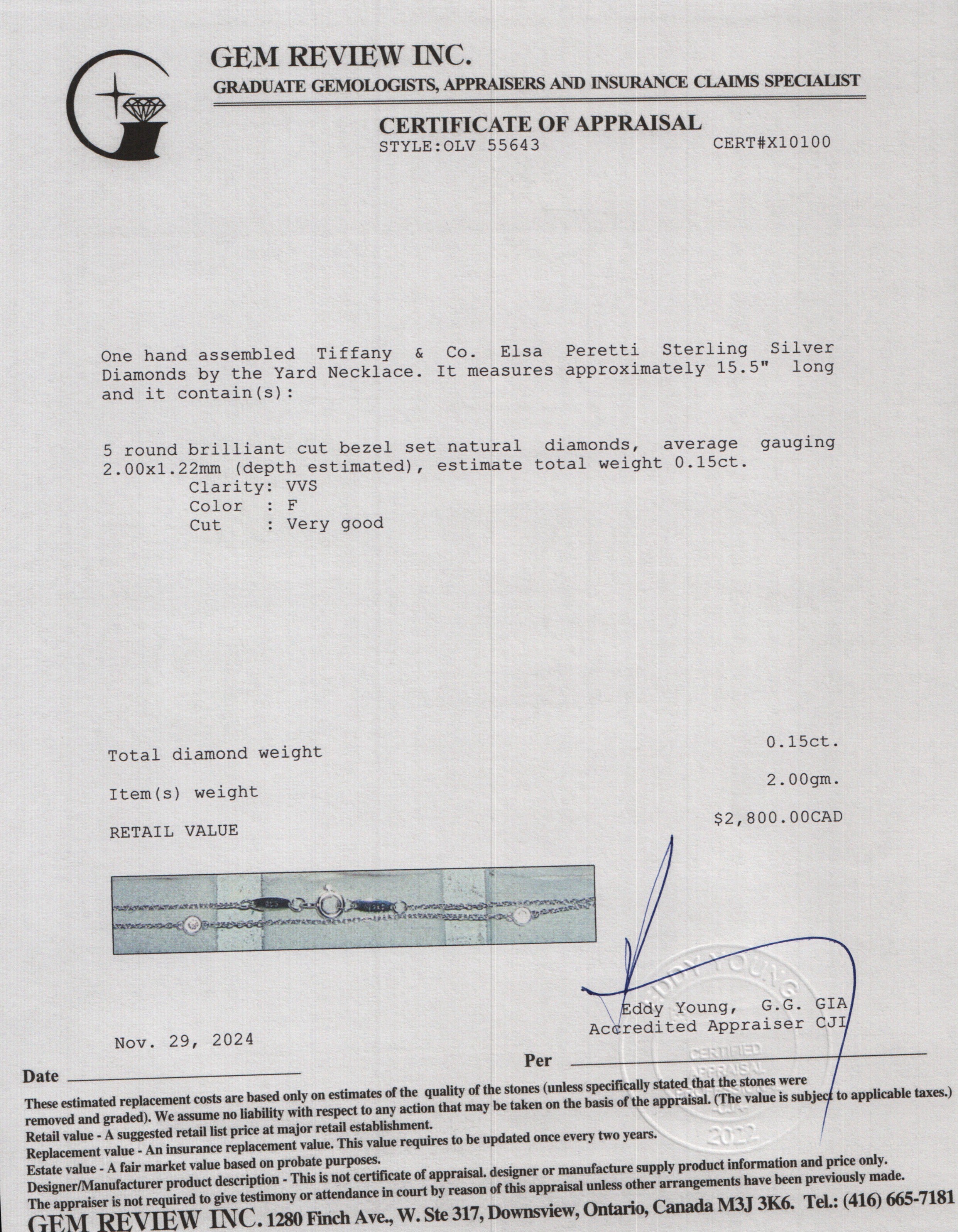 Tiffany & Co. Elsa Peretti Sterling Silver 0.15 ct. Diamonds by the Yard Necklace w/ Box