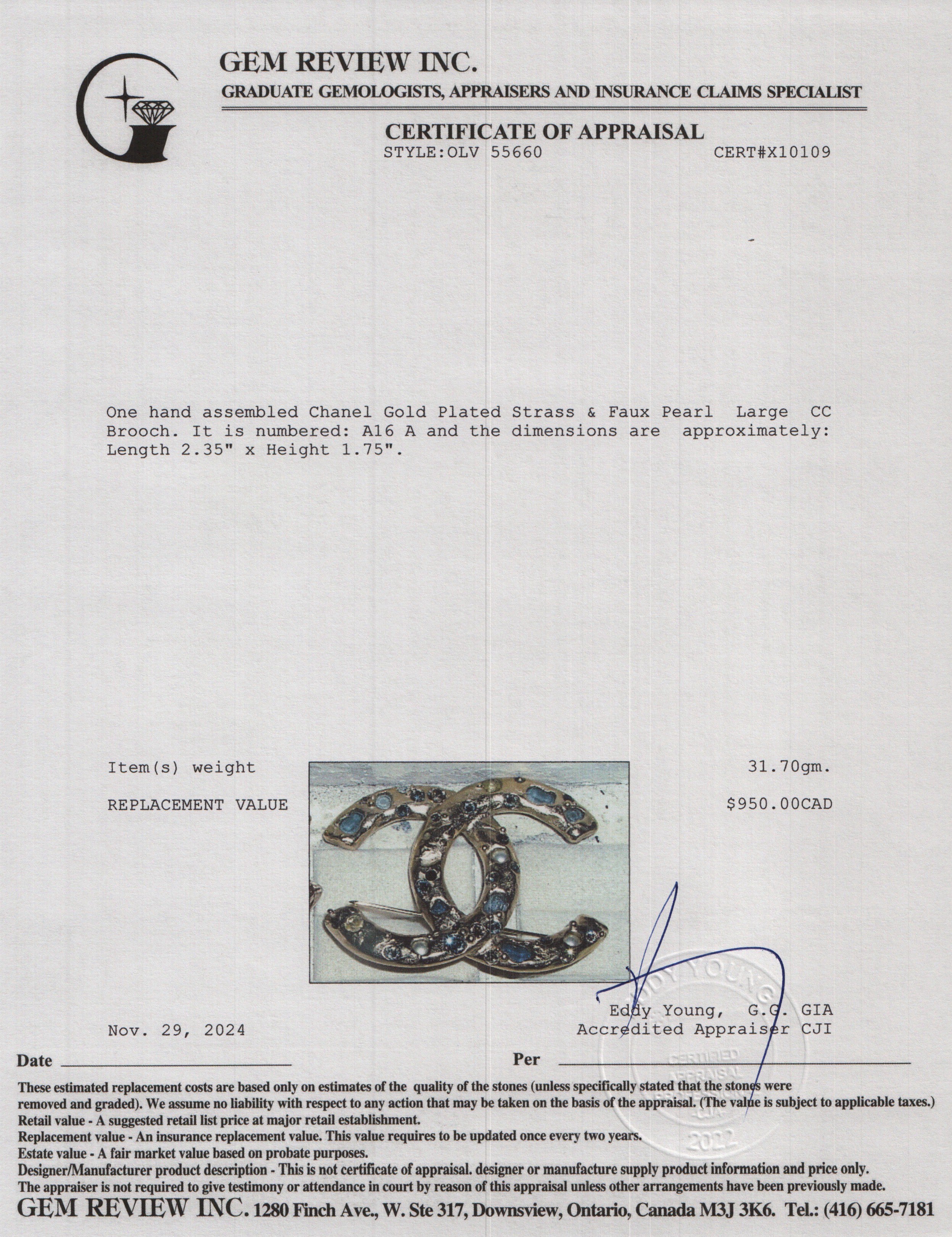 Chanel Gold Plated Strass & Faux Pearl Large CC Brooch w/ Box