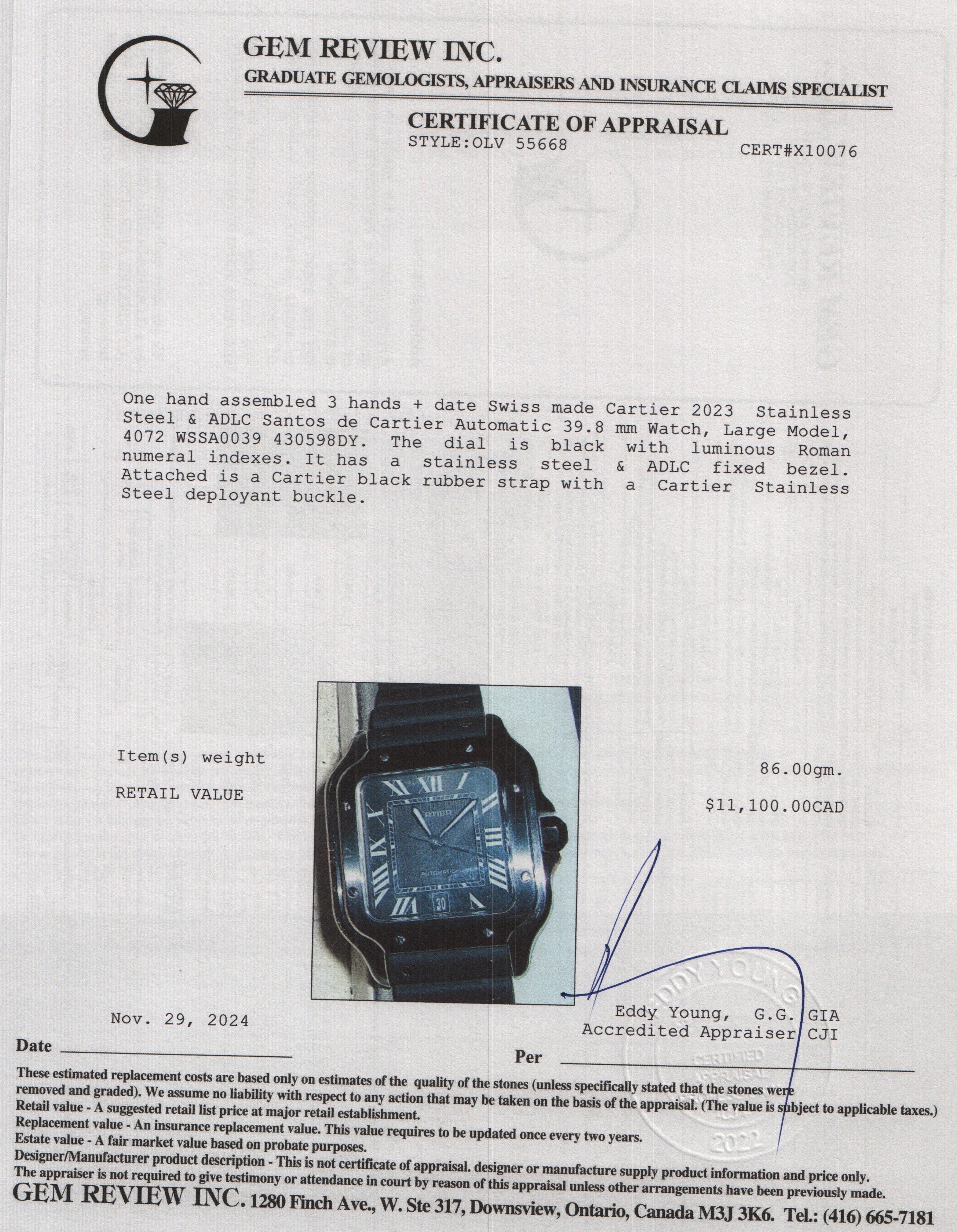 Cartier 2023 Stainless Steel & ADLC Santos de Cartier Automatic Watch, Large Model 4072 w/ Box, Receipt, Papers & Extra Strap