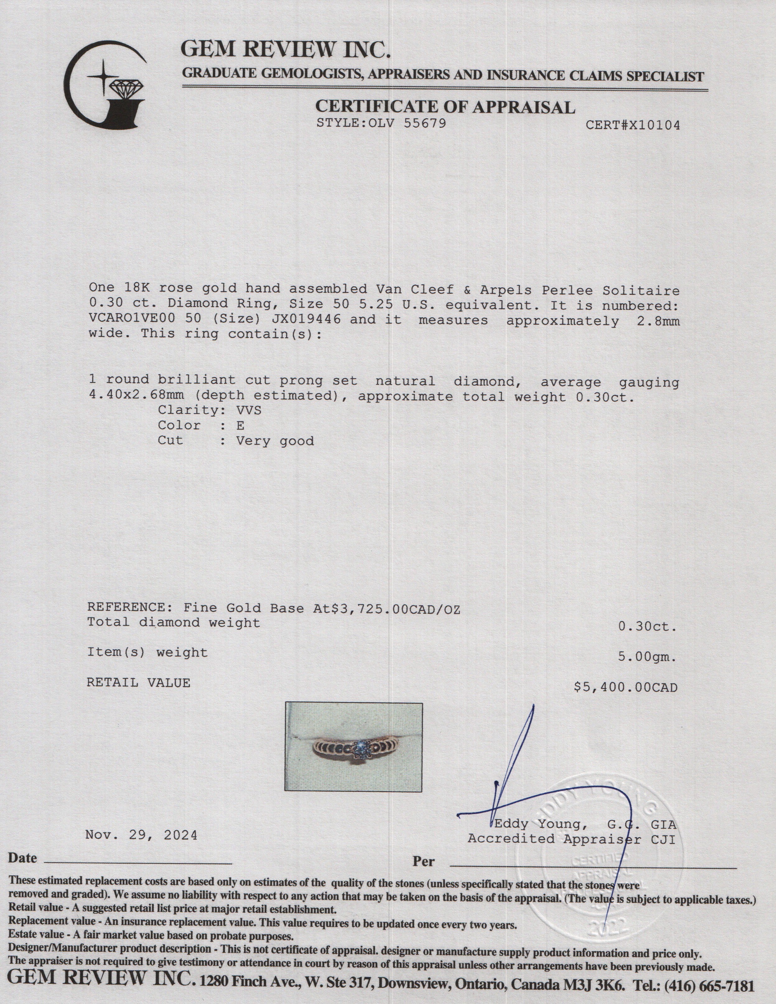 Van Cleef & Arpels 18k Rose Gold Perlee Solitaire 0.30 ct. Diamond Ring, Size 50 5.25 w/ Box, Certificate & Receipt