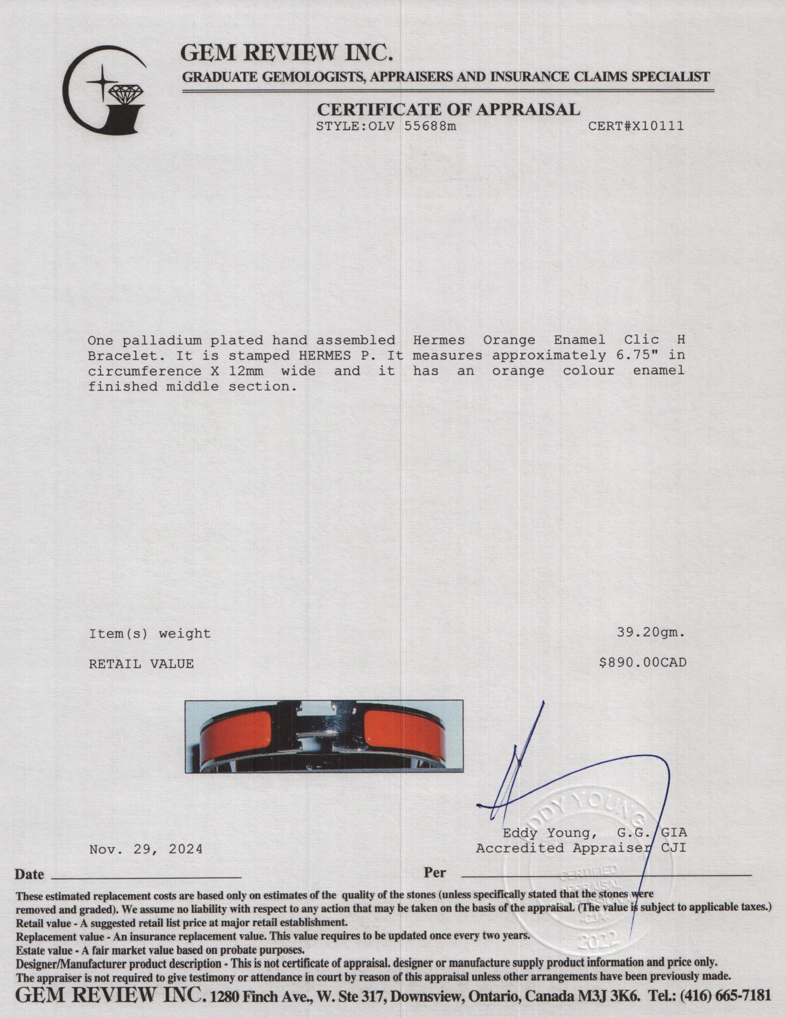 Hermes Palladium-Plated Orange Enamel Clic H Bracelet w/ Box