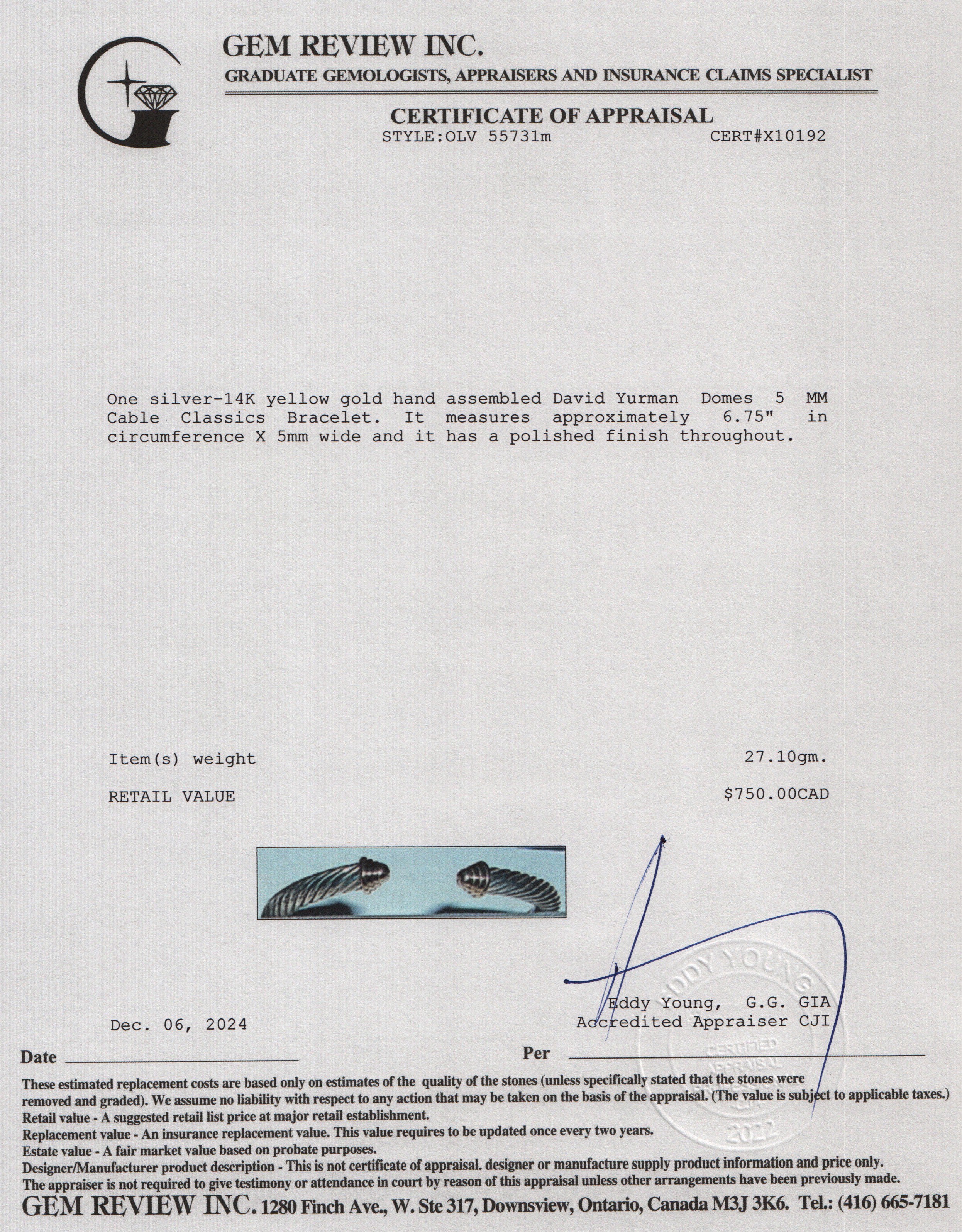 David Yurman Sterling Silver & 14k Yellow Gold Domes 5 MM Cable Classics Bracelet