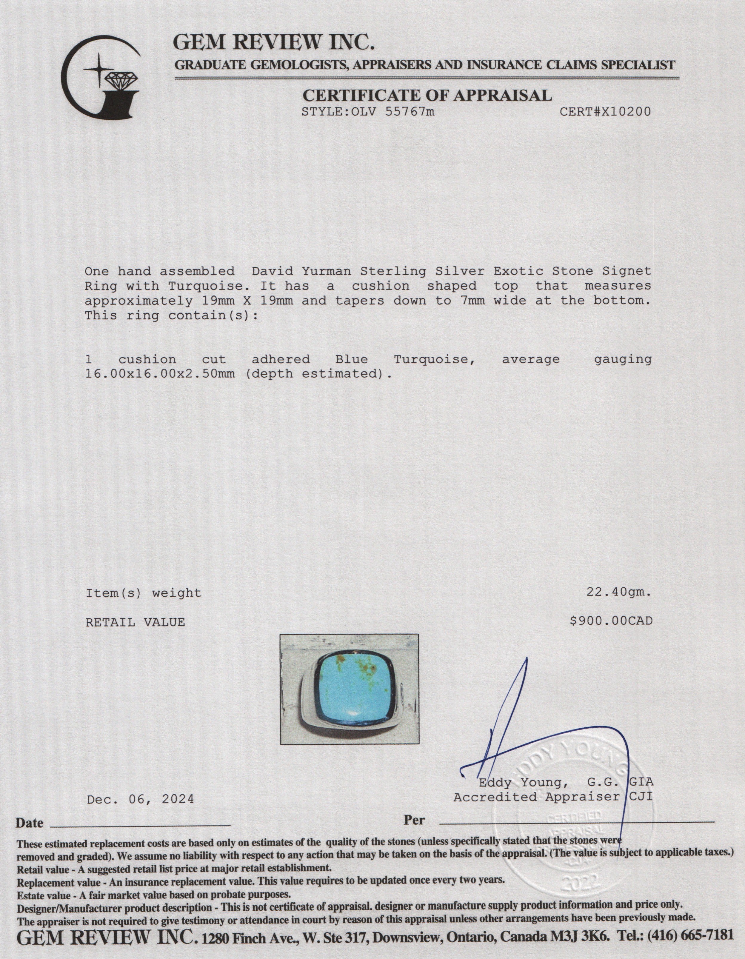 David Yurman Sterling Silver Exotic Stone Signet Ring with Turquoise, Size 9