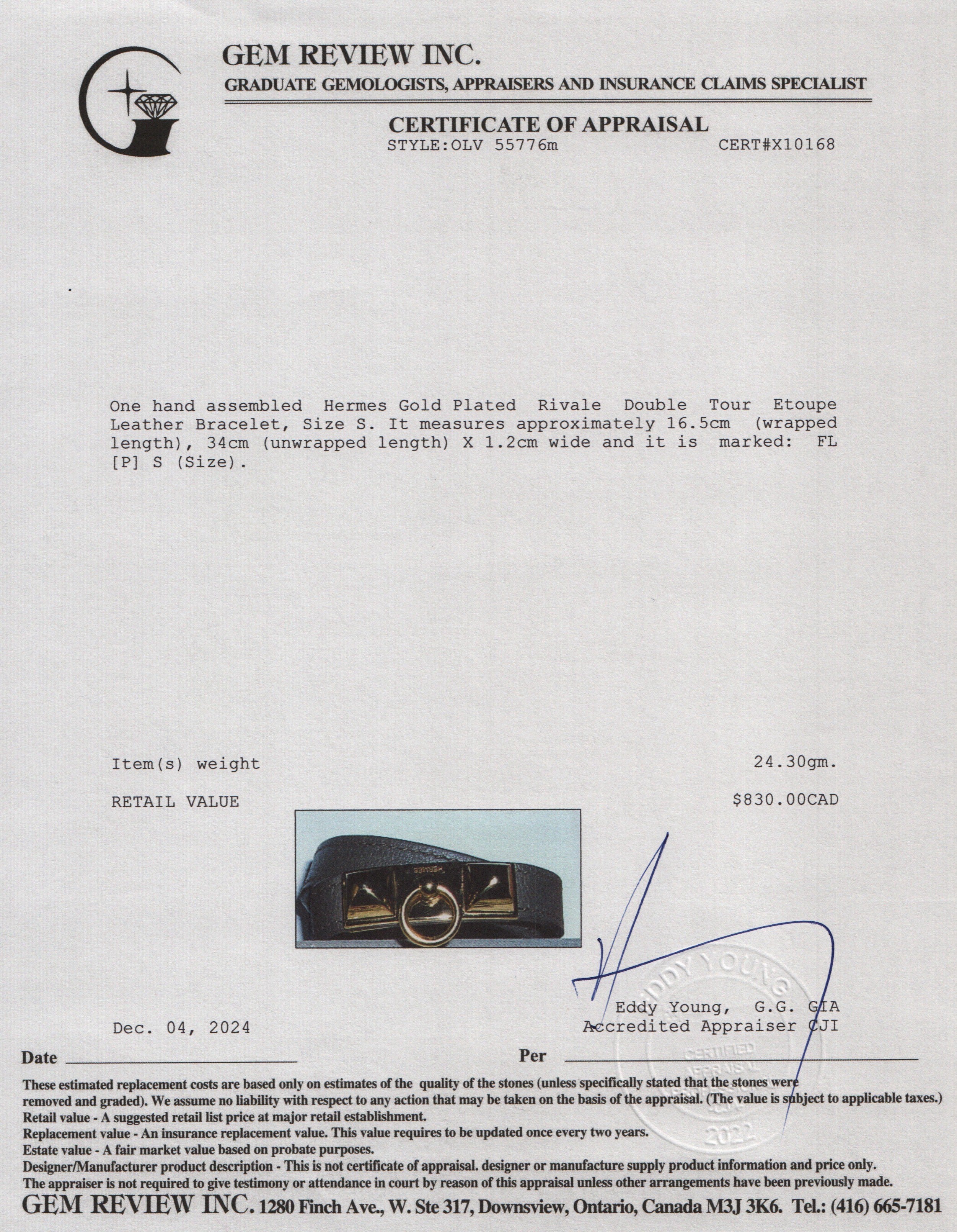 Hermes Gold Plated Rivale Double Tour Etoupe Leather Bracelet, Size S w/ Box