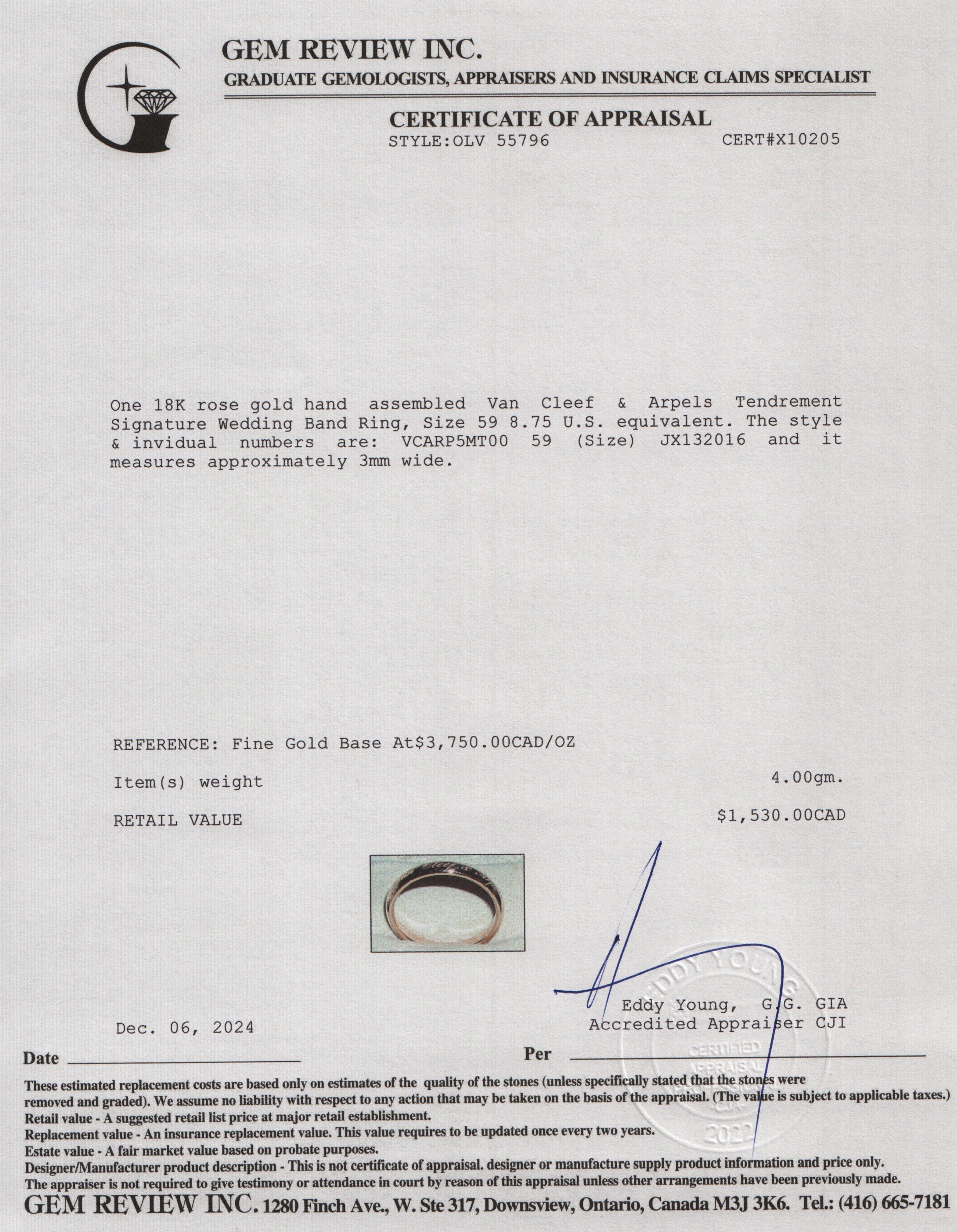 Van Cleef & Arpels 18k Rose Gold Tendrement Signature Wedding Band Ring, Size 59 8.75 w/ Box, Receipt, & Certificate