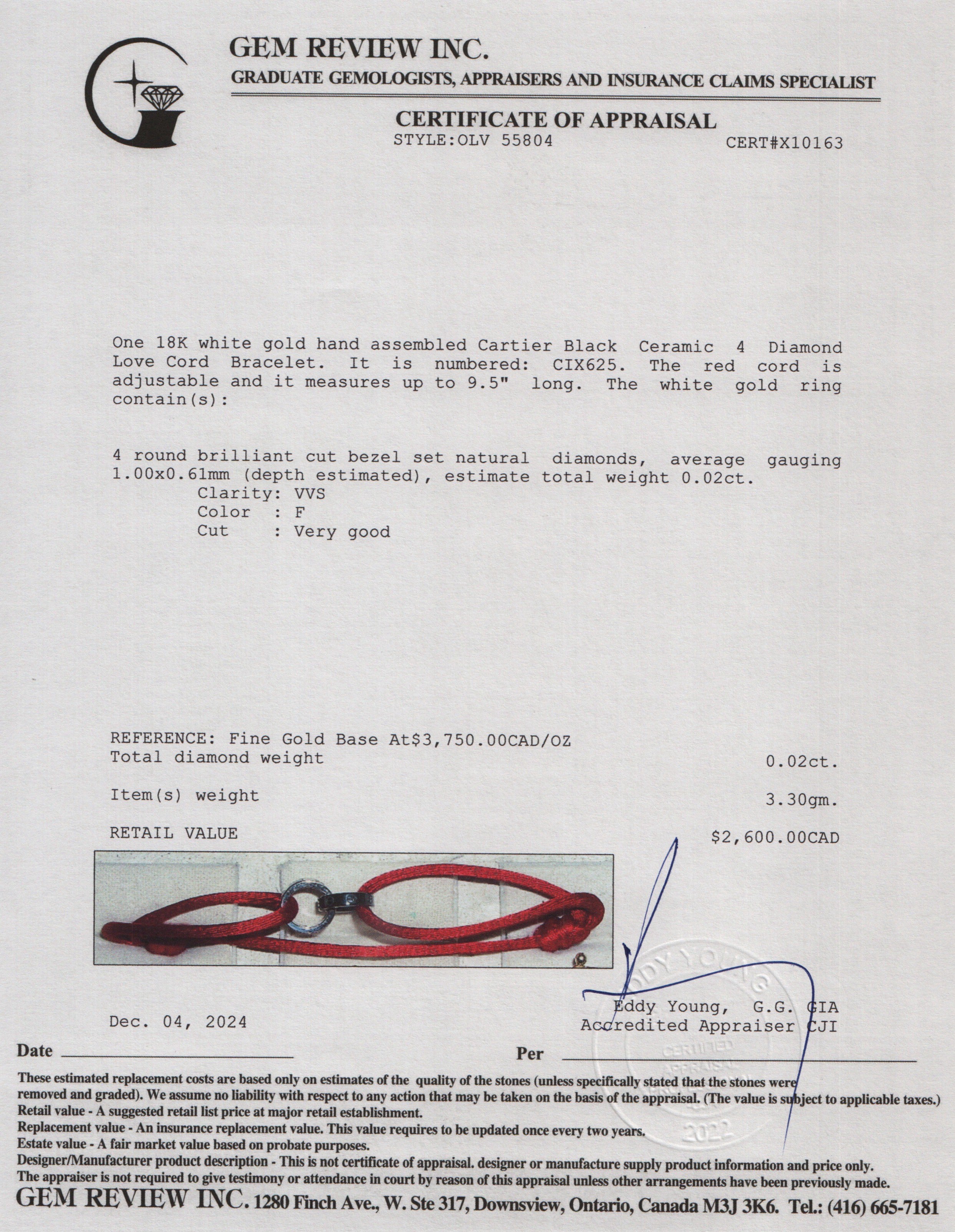 Cartier 18k White Gold & Black Ceramic 4 Diamond Love Cord Bracelet