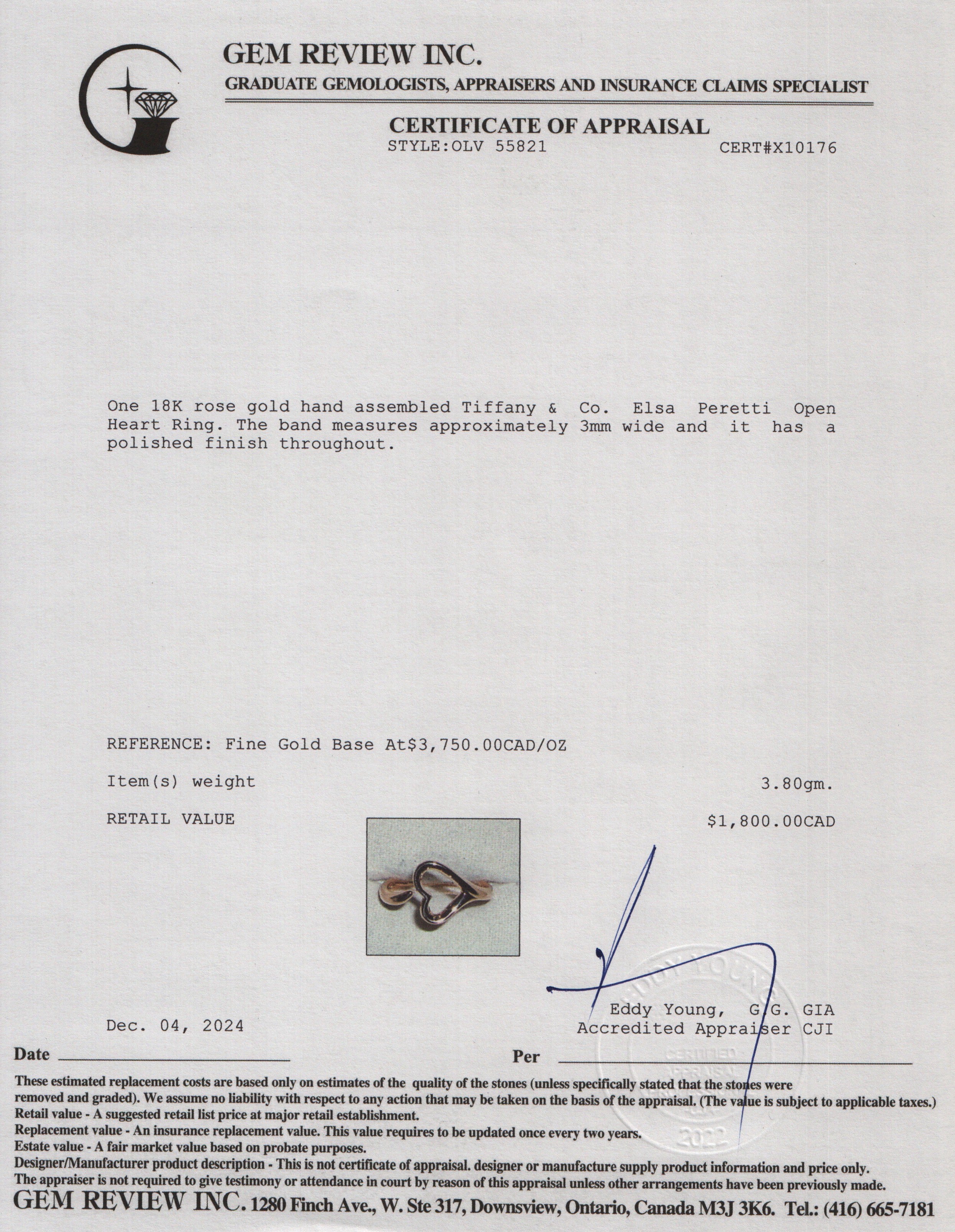 Tiffany & Co. Elsa Peretti 18k Rose Gold Open Heart Ring, Size 7 w/ Box