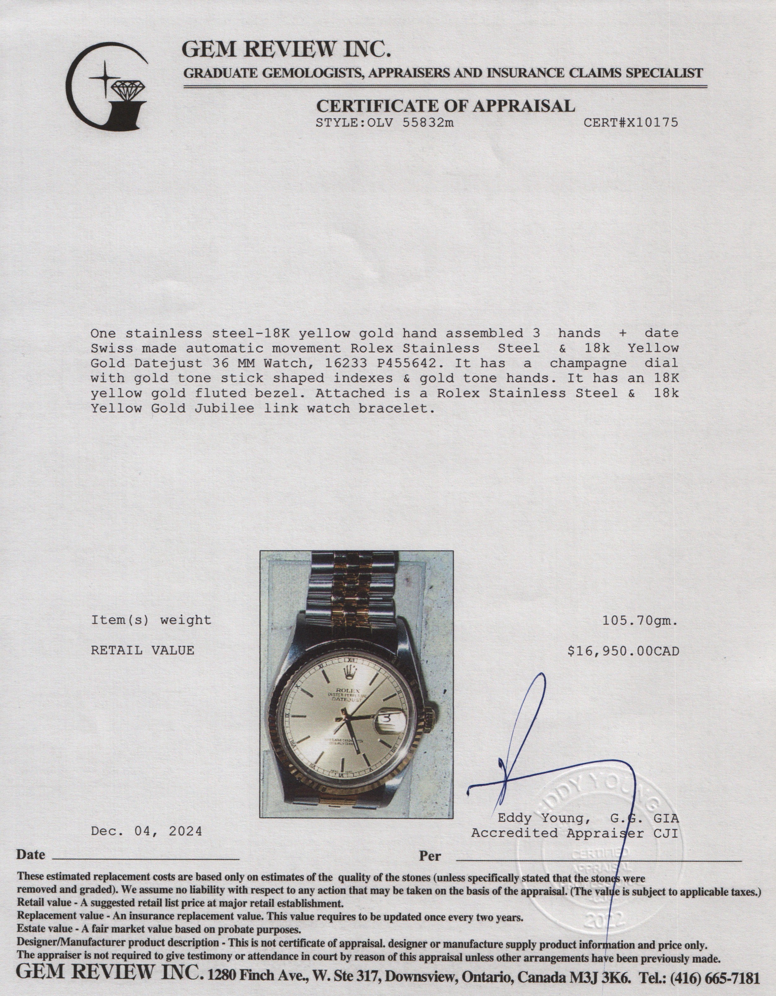 Rolex Stainless Steel & 18k Yellow Gold Datejust 36 MM Watch 16233 w/ Box & Papers