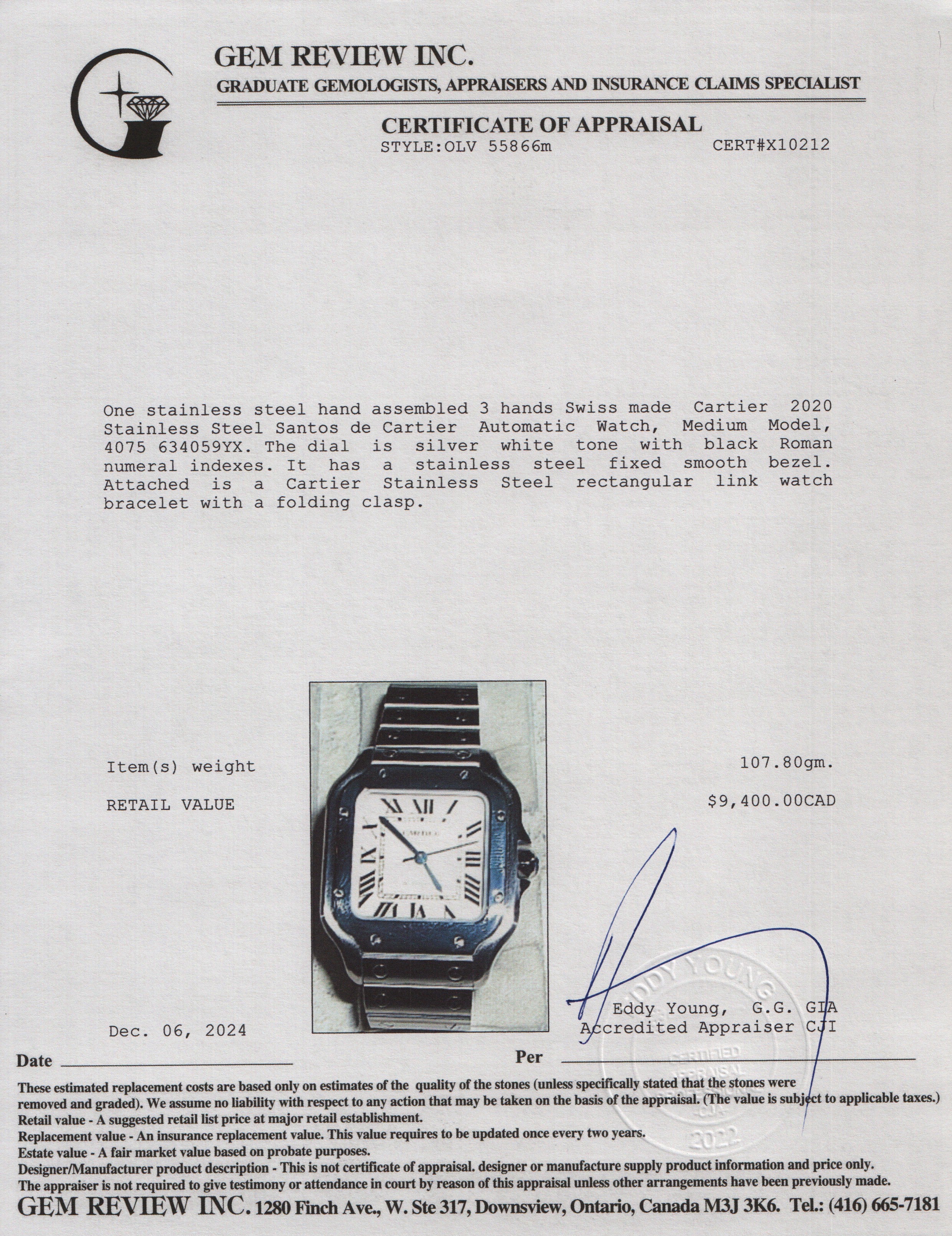 Cartier 2020 Stainless Steel Santos de Cartier Automatic Watch, Medium Model 4075 w/ Box & Papers