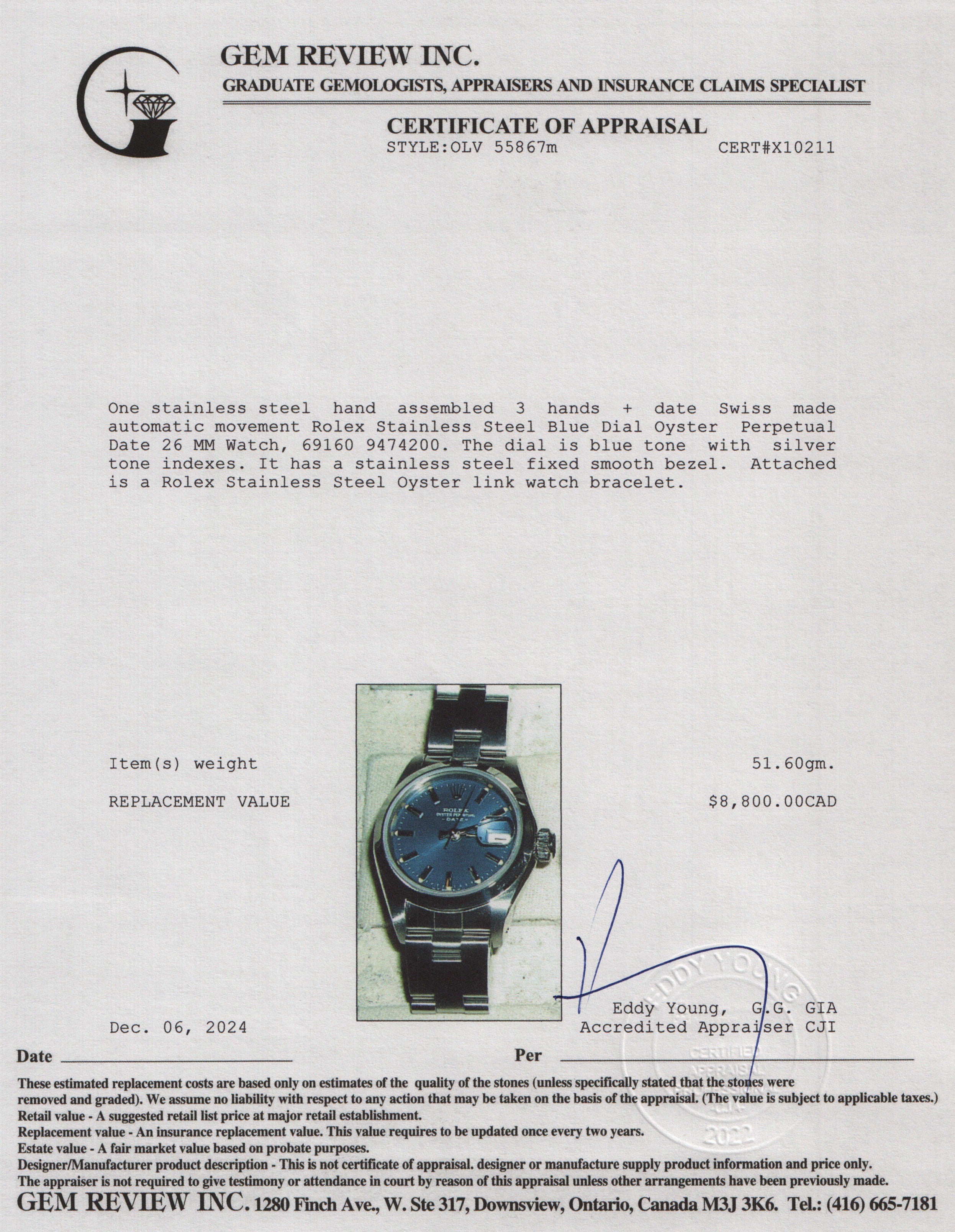 Rolex Stainless Steel Blue Dial Oyster Perpetual Date 26 MM Watch 69160